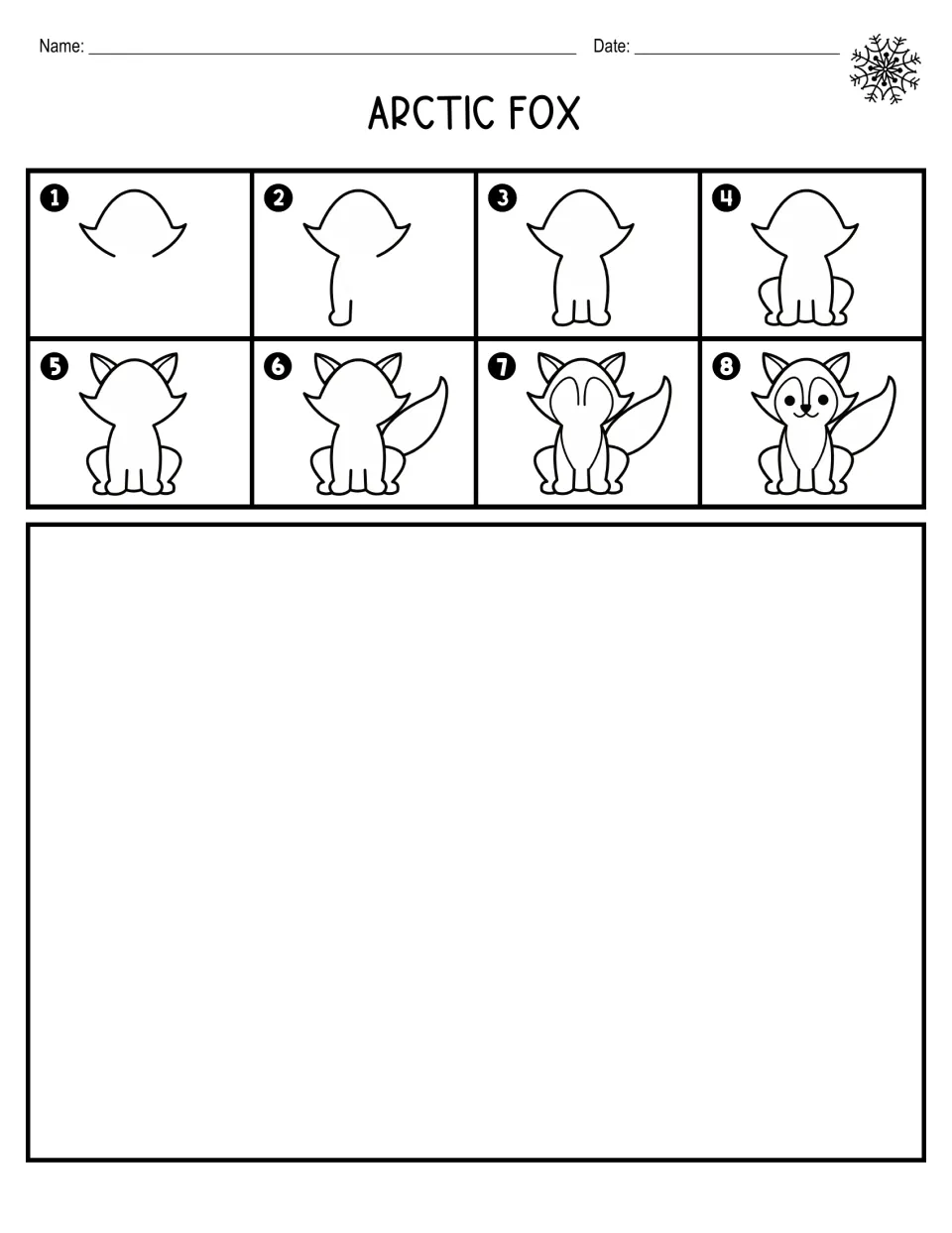 Arctic fox, drawing only: students follow 8 numbered steps from head outline to finished face and draw a fox of their own