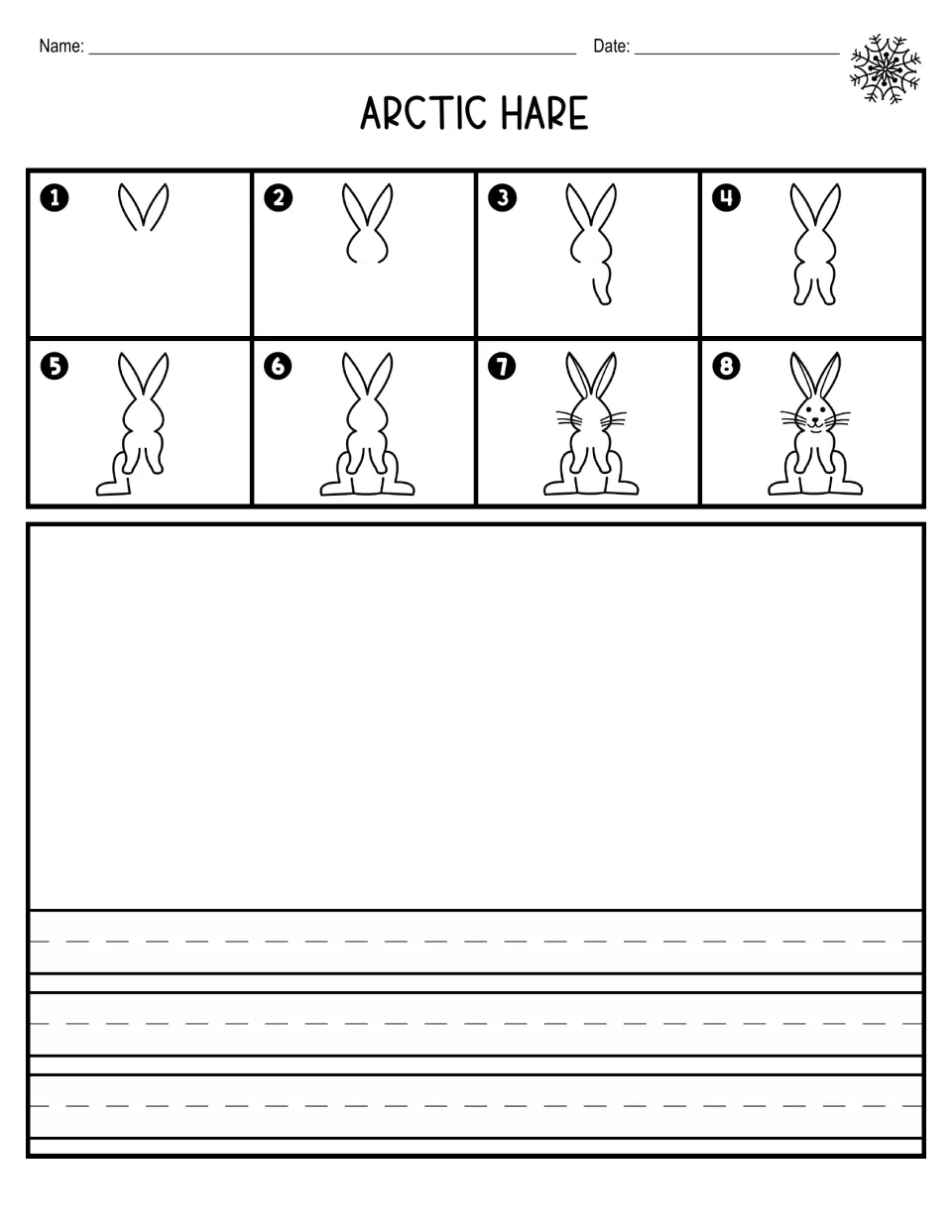 Arctic hare drawing: students copy 8 numbered steps from ears to face, then write sentences on primary handwriting rules