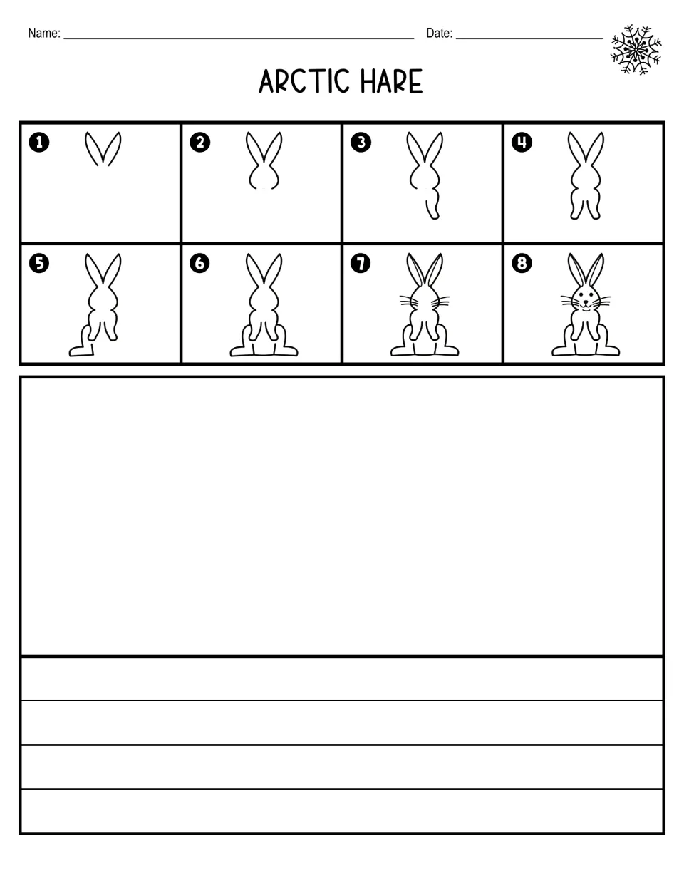 Arctic hare: students follow 8 numbered steps to draw an upright hare with long ears and whiskers, then write on ruled rows