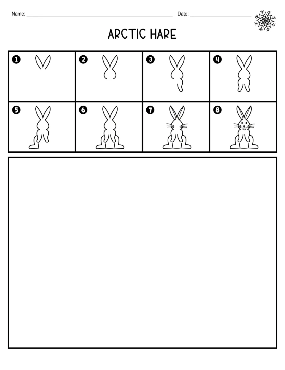 Arctic hare, drawing only: students follow 8 numbered steps from two ears to finished face, then draw their own hare
