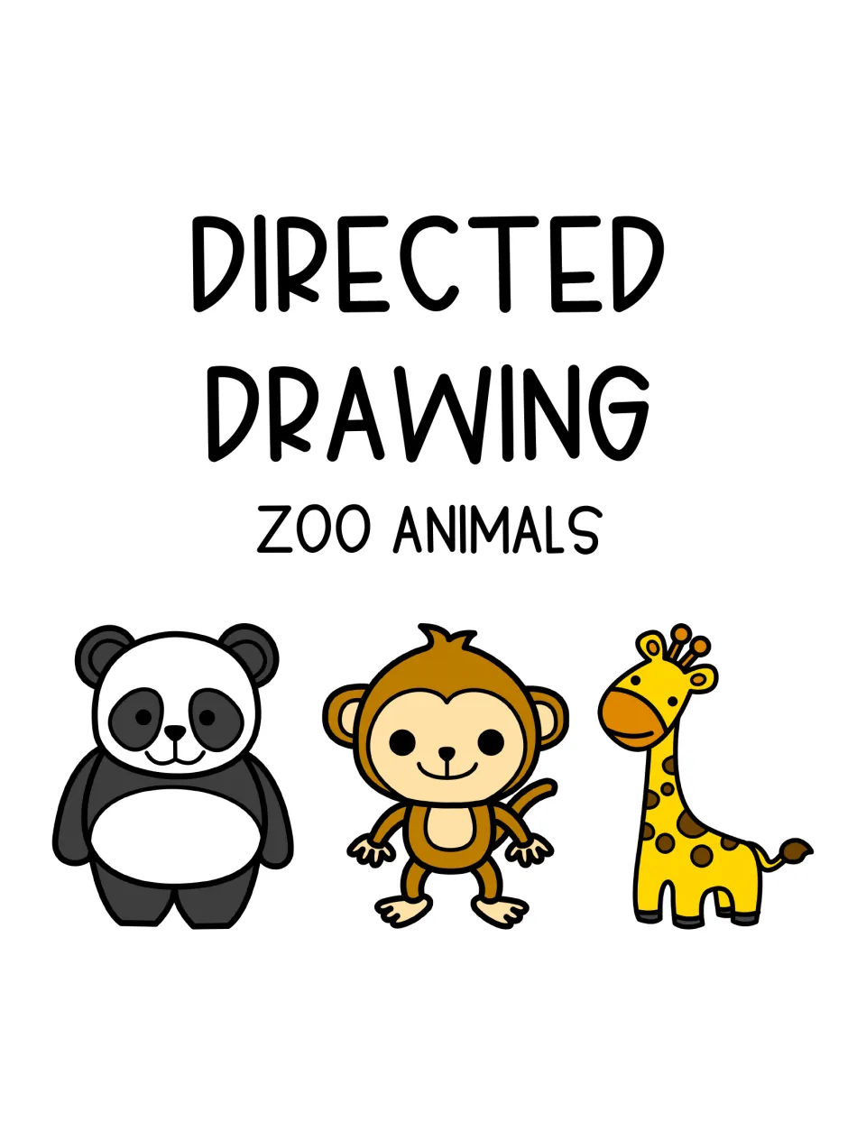 Directed Drawing Zoo Animals cover showing cartoon drawings of a panda, a monkey and a giraffe under the bold title