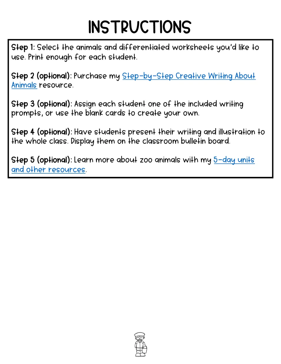 Instructions in five steps: choose animals and differentiated sheets, assign writing prompts, then present and display work