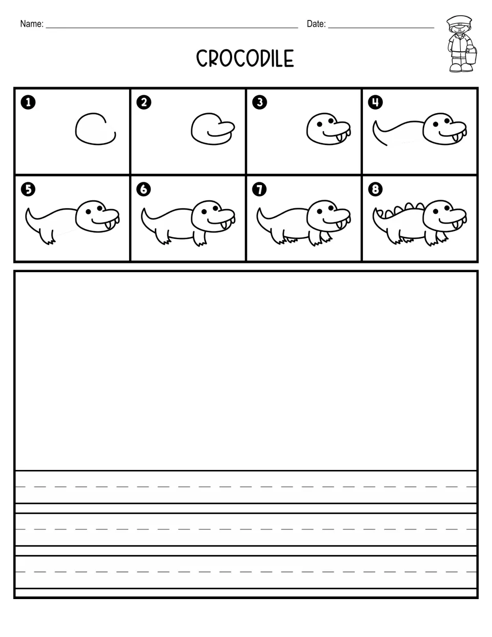 Crocodile directed drawing: students follow 8 steps from head to spiky back, draw it, write on primary handwriting lines