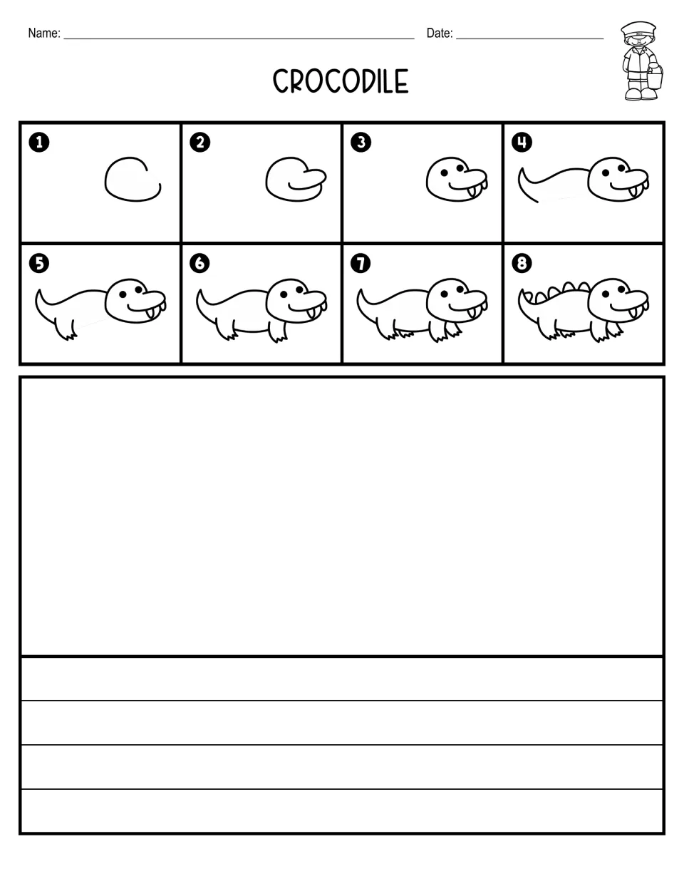 Crocodile drawing steps 1 to 8 showing the head, tail, legs and back spikes, with space to draw and four ruled writing lines