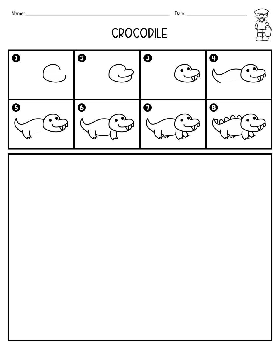 Crocodile how-to-draw sequence in 8 steps followed by a large open space for a drawing only, with no writing section