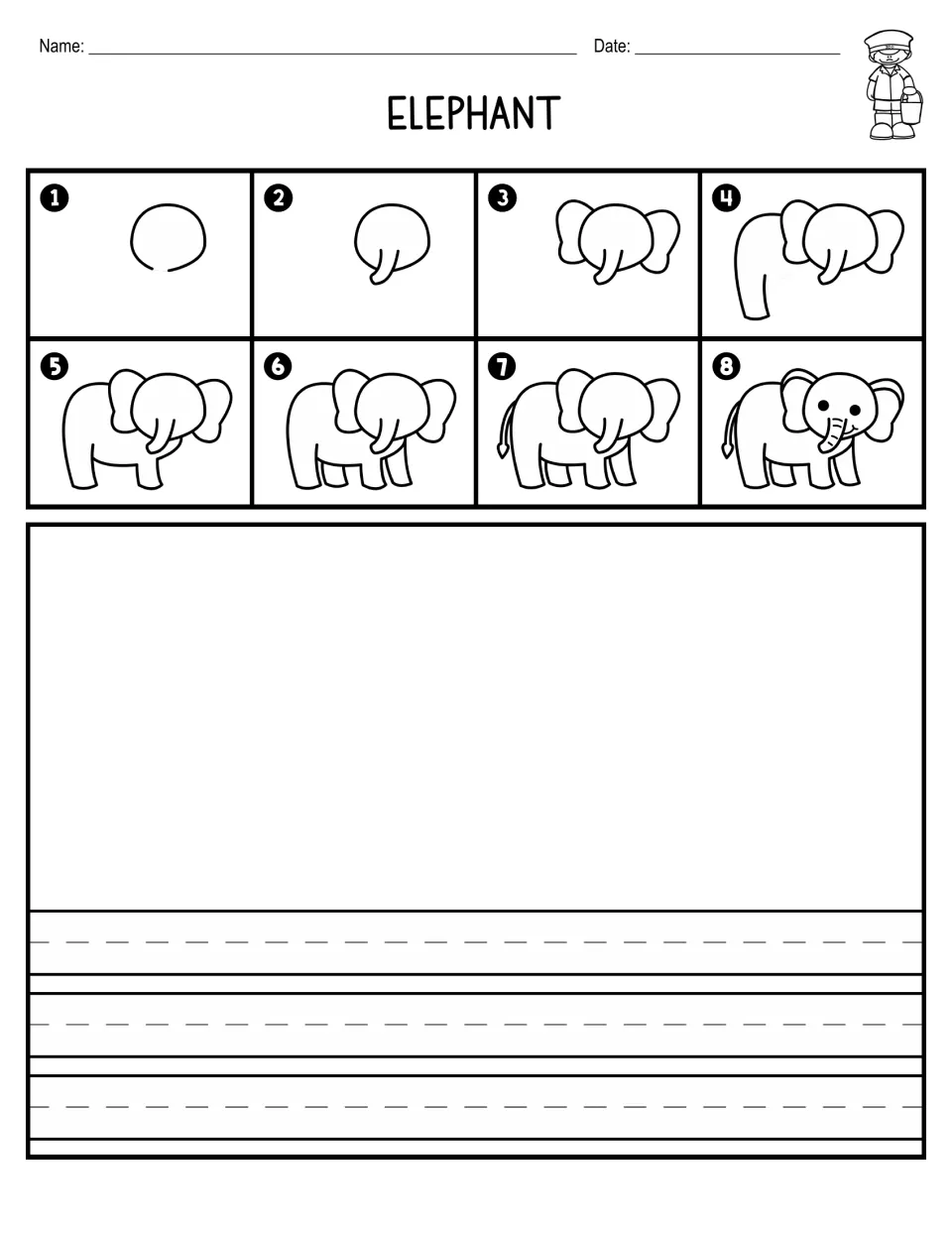 Elephant directed drawing: students follow 8 steps from head to tail and face, then write on primary handwriting lines