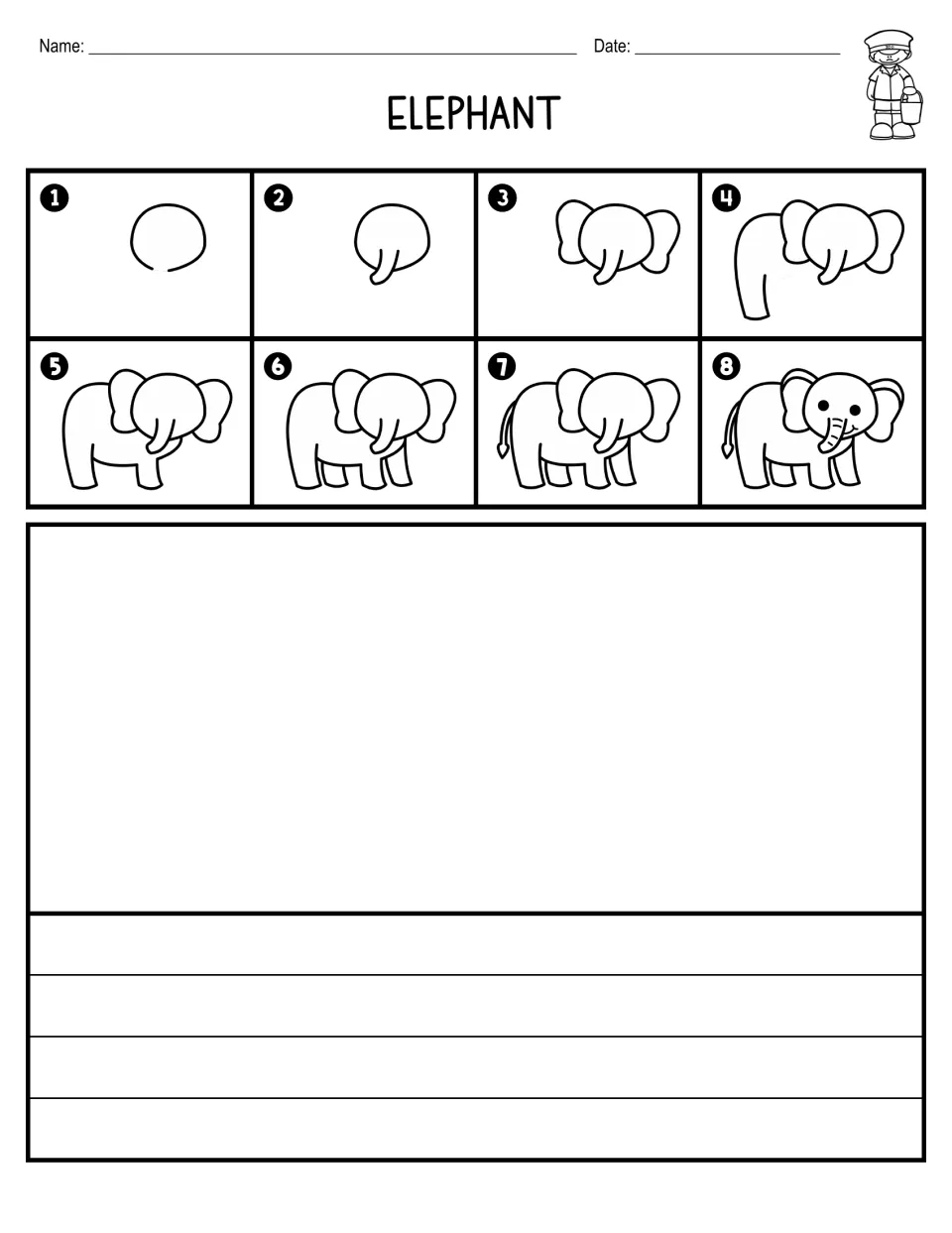 Elephant drawing steps 1 to 8 adding ears, trunk, legs, tail and eyes, with space to draw and four ruled writing lines
