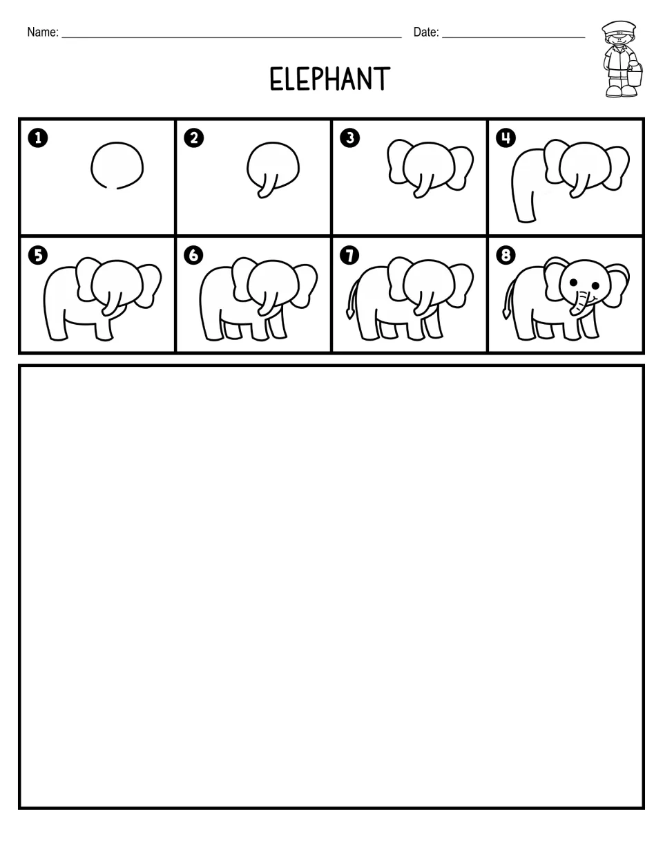 Elephant how-to-draw sequence in 8 steps followed by a large open space for a drawing only, with no writing section