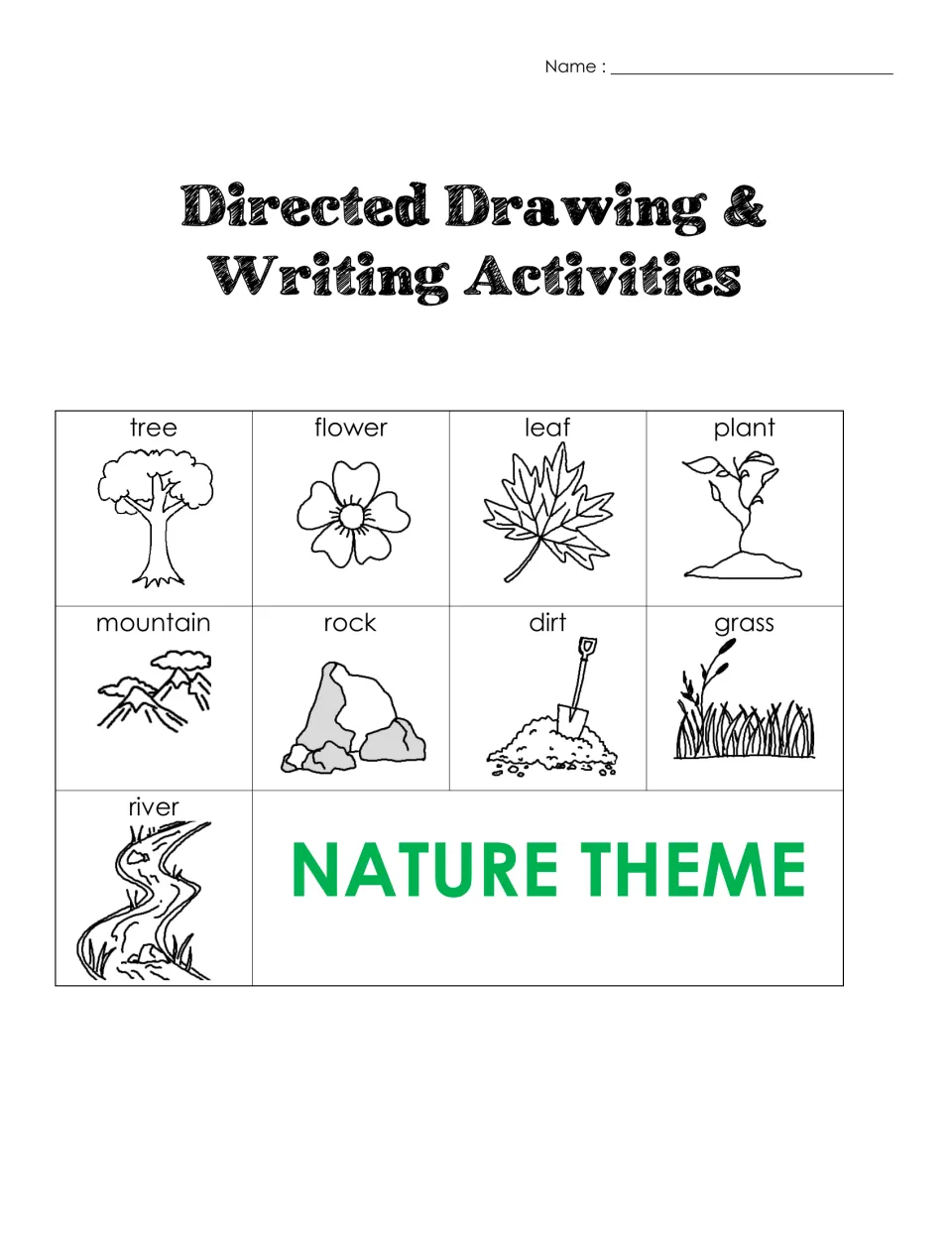 Nature drawing and writing cover showing tree, flower, leaf, plant, mountain, rock, dirt, grass, and river