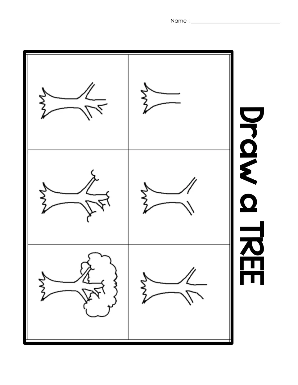 Teacher directed drawing guide for a tree, showing six steps from a simple trunk to branches and foliage