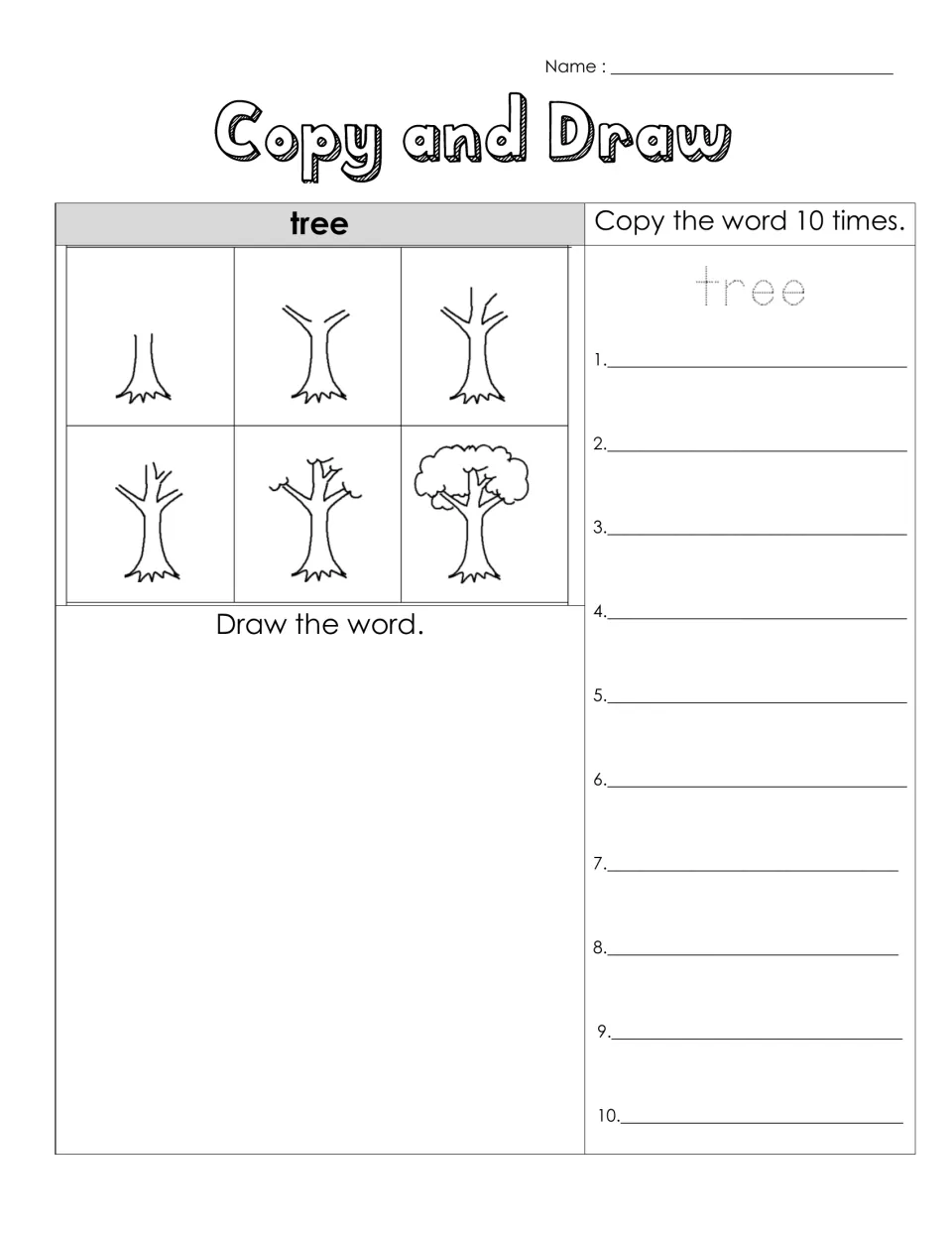 Tree spelling and drawing practice: follow six drawing steps, trace 'tree,' and copy the word 10 times
