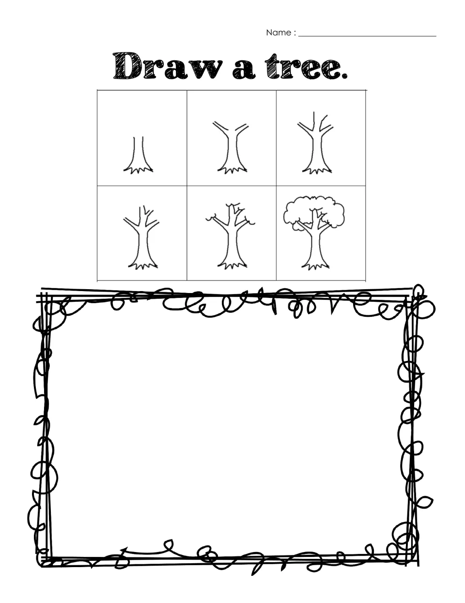 Tree drawing practice showing six stages from trunk to leafy tree, with space for a student's own drawing