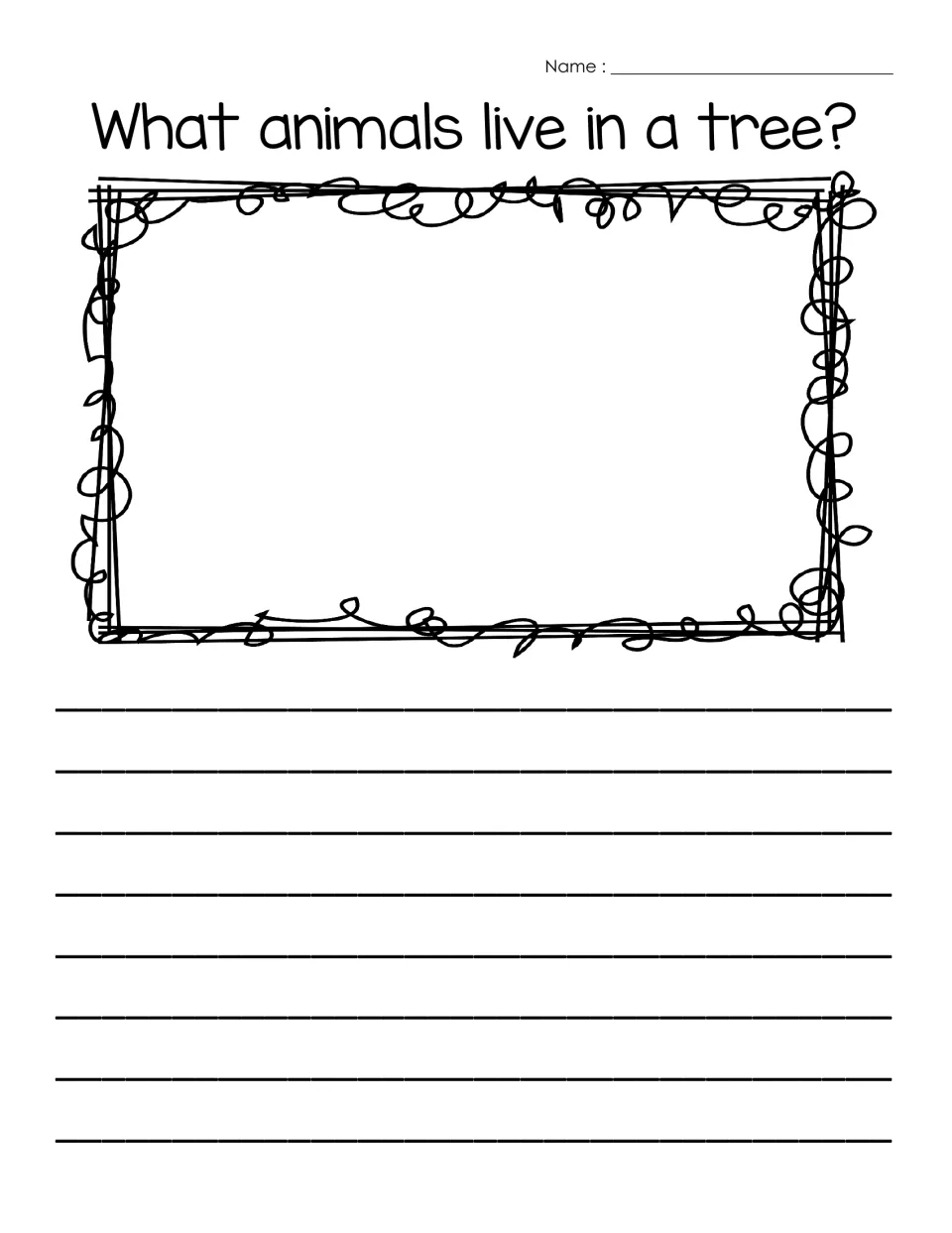 Tree writing prompt asks 'What animals live in a tree?' with space for students to draw and write an answer