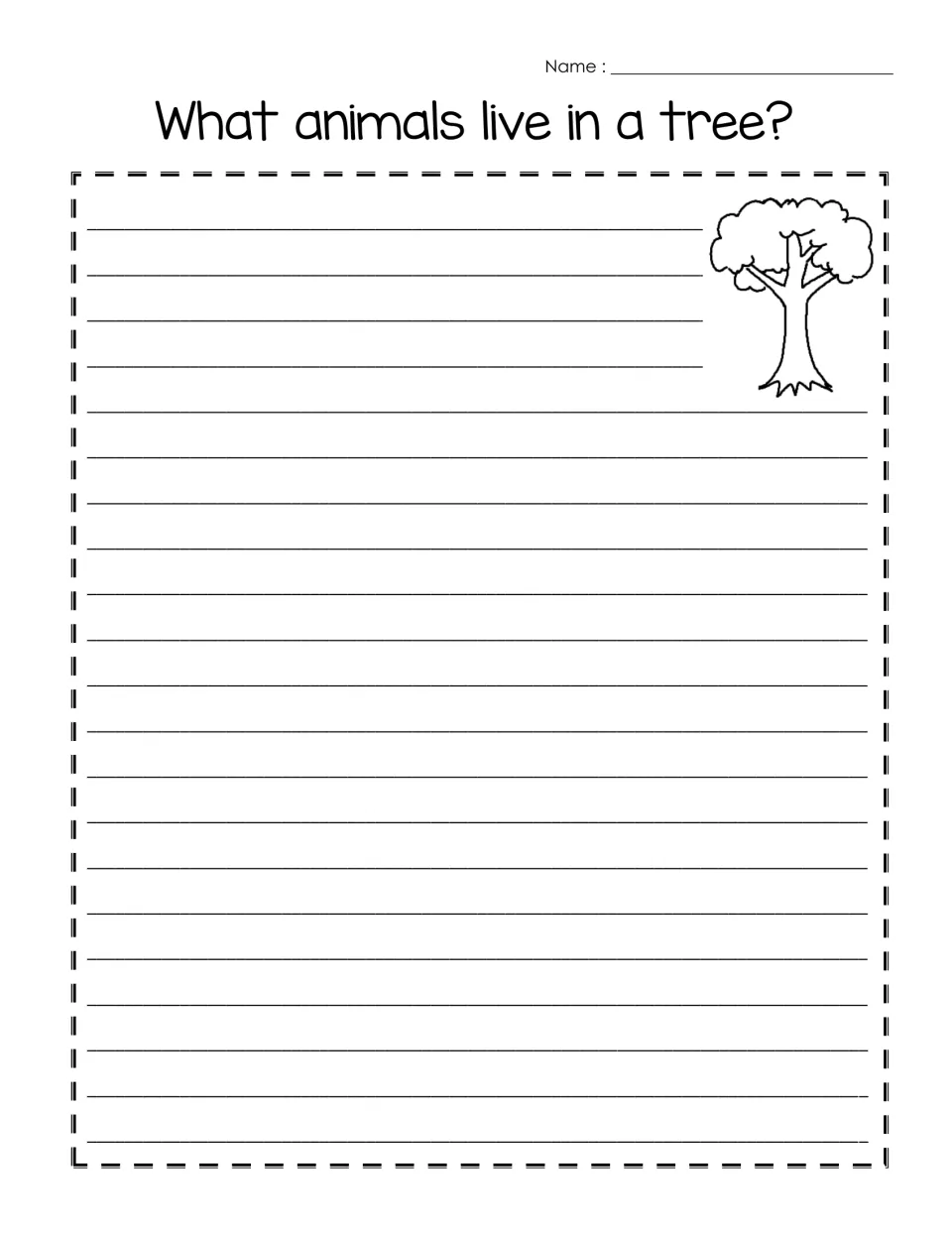 Tree writing prompt asks 'What animals live in a tree?' and provides an extended writing area for the response