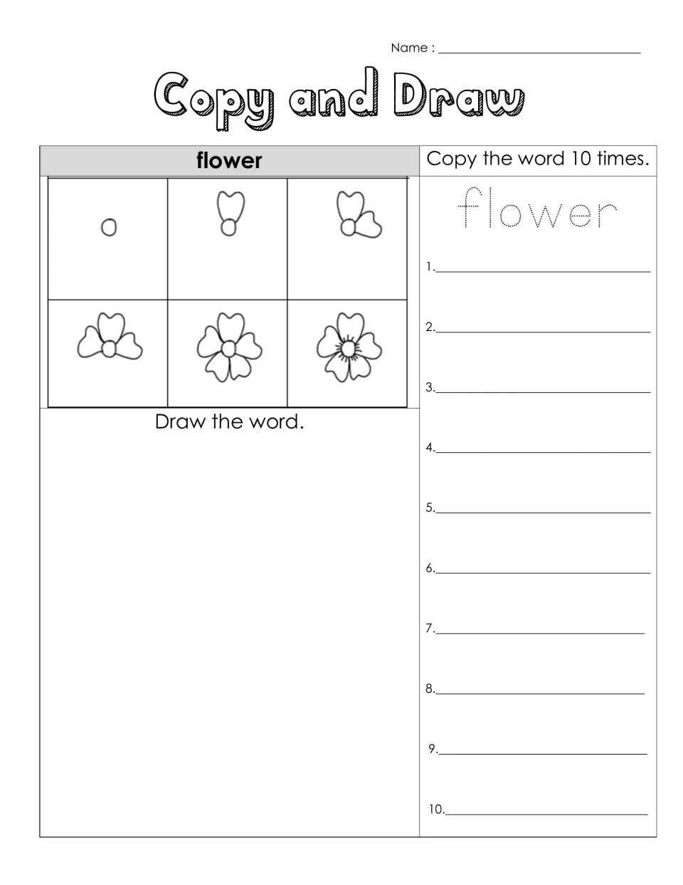 Flower spelling and drawing practice: follow six drawing steps, trace 'flower,' and copy the word 10 times