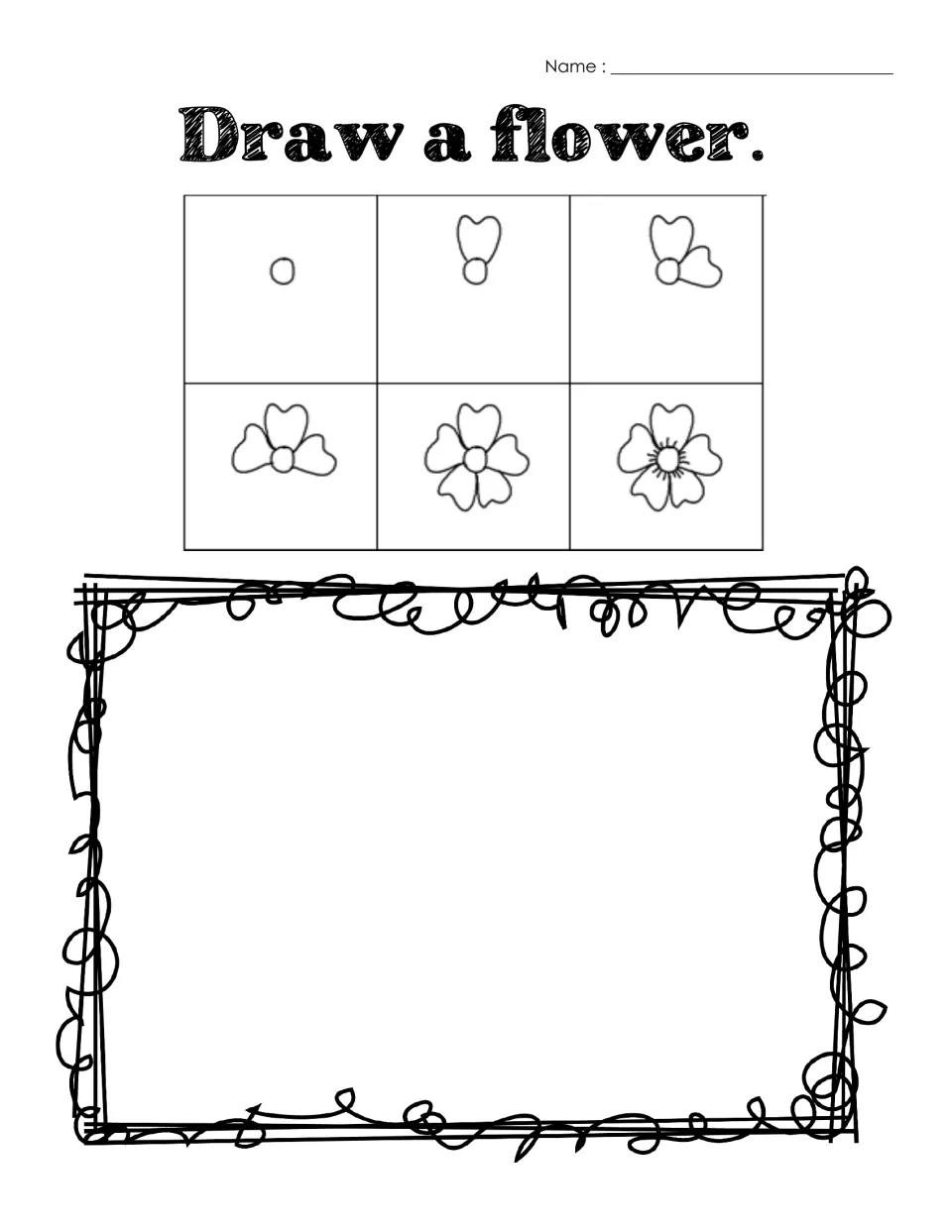 Flower drawing practice showing six stages from a circle to a finished bloom, with space to draw a flower
