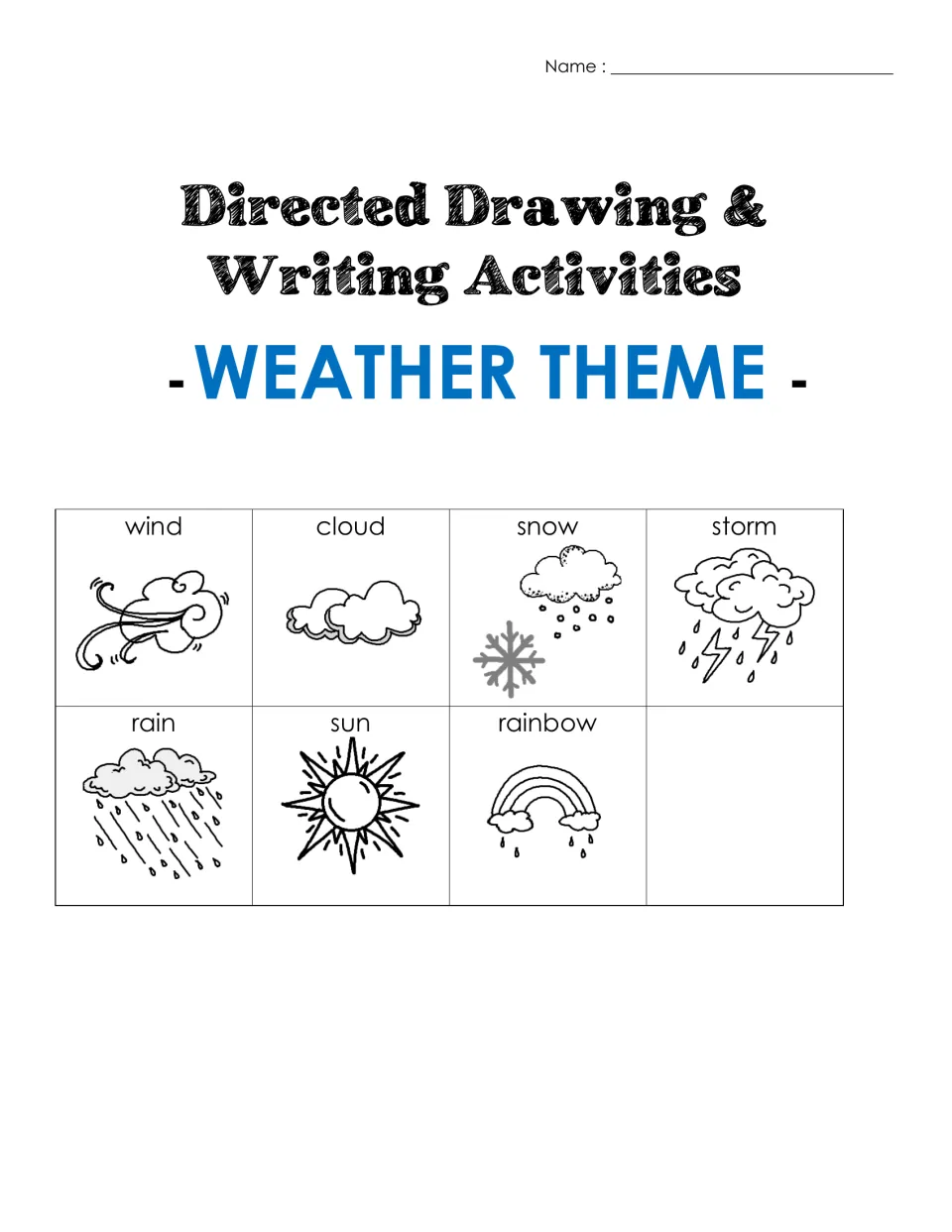 Directed Drawing & Writing Activities, Weather Theme cover picturing wind, cloud, snow, storm, rain, sun and rainbow