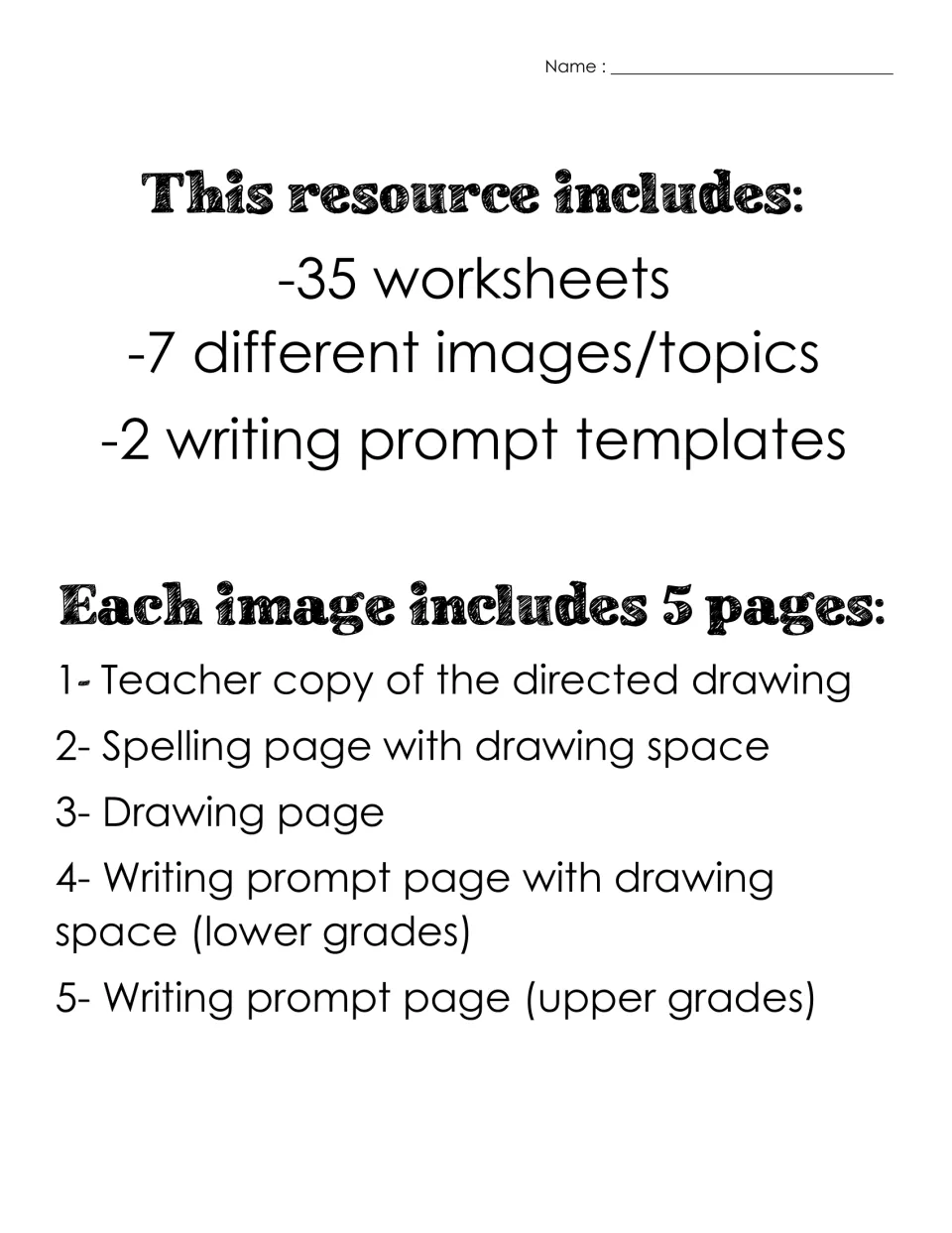 Contents list: 35 worksheets on 7 weather topics, each with a teacher copy, spelling, drawing and two writing prompt pages