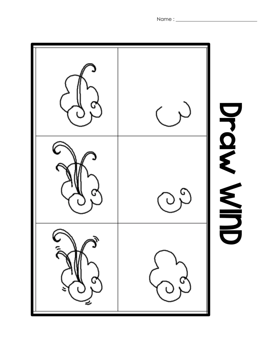 Draw wind: six-step teacher copy that builds a wind cloud from a single curl to a puffy cloud with swirling gusts
