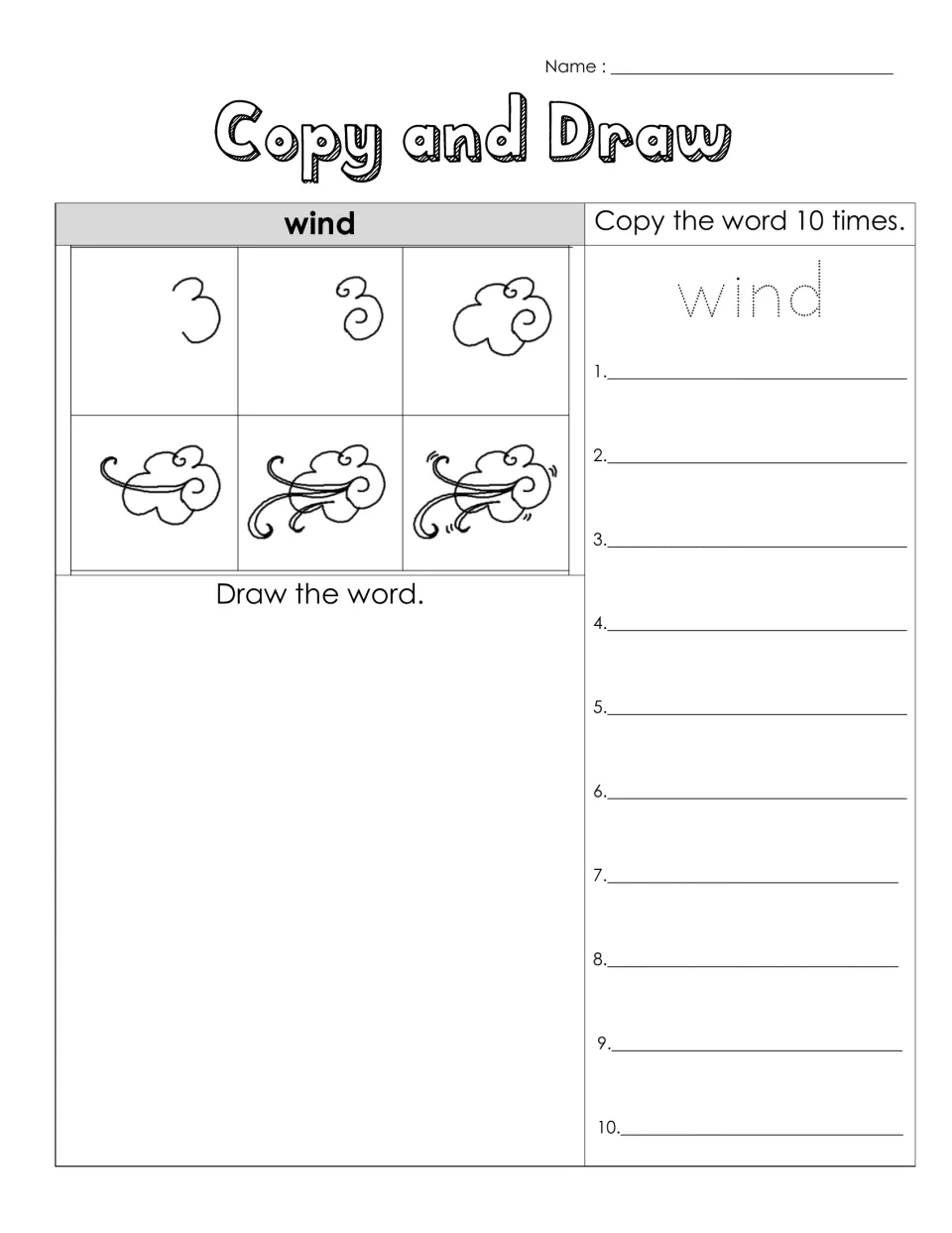 Copy and Draw wind: students follow six drawing steps, draw the word, then trace and copy the word wind 10 times