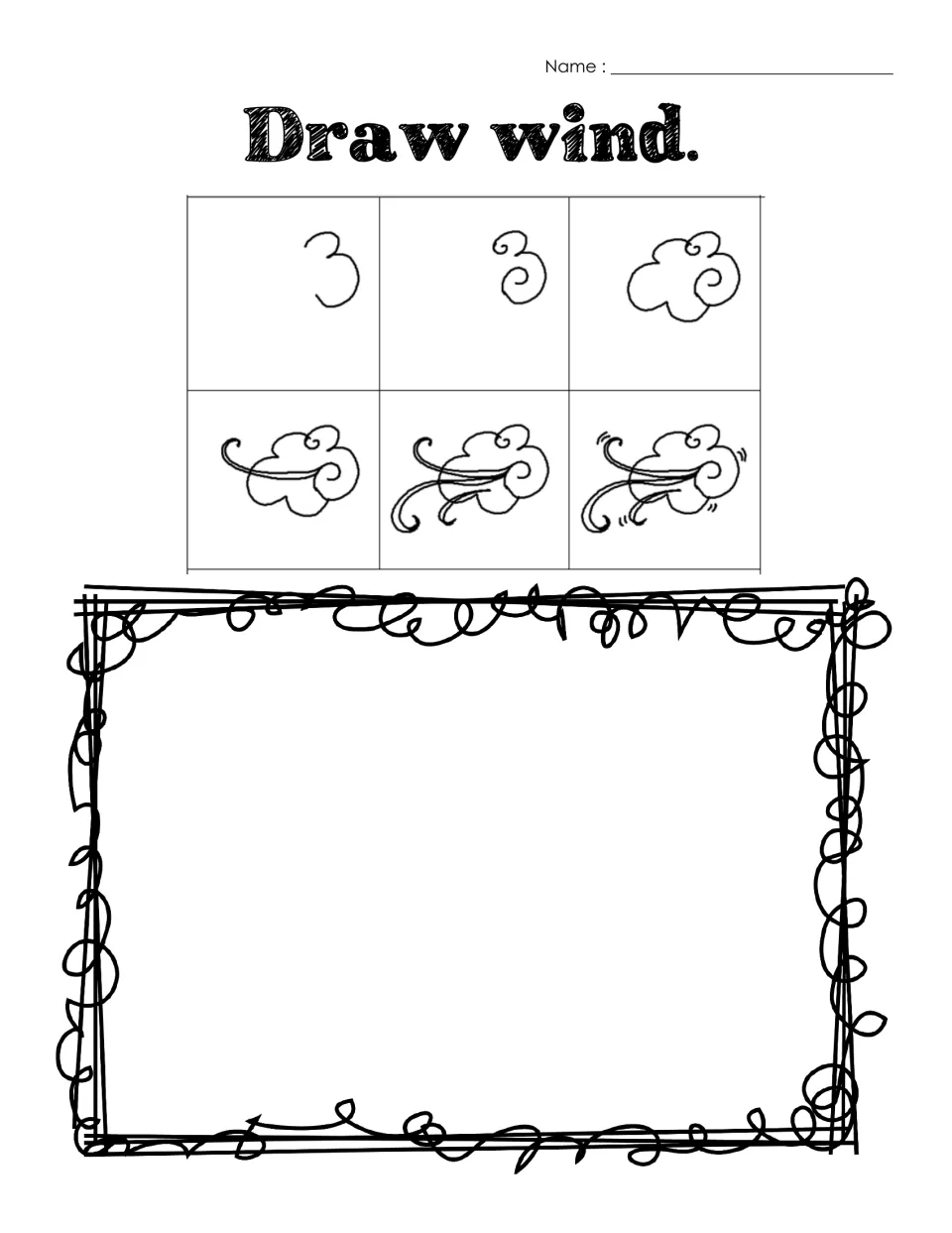 Draw wind: students follow six step-by-step pictures, then draw their own gusty wind cloud in the space below