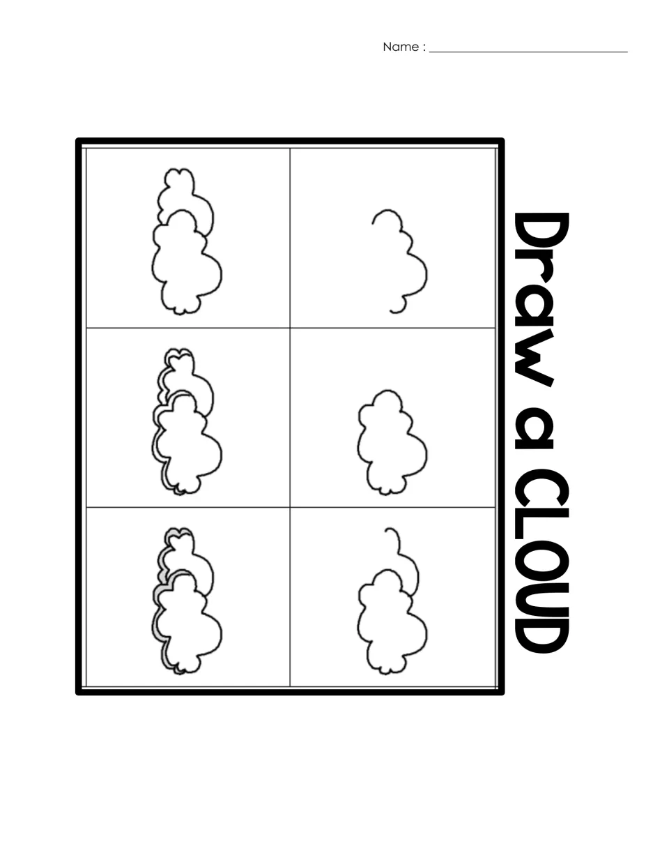 Draw a cloud: six-step teacher copy that builds a puffy cloud outline, adds a second layer, then gray shading