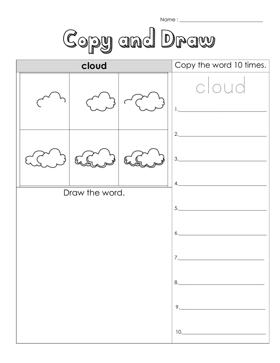 Copy and Draw cloud: students follow six steps to draw two clouds, draw the word, then trace and copy cloud 10 times