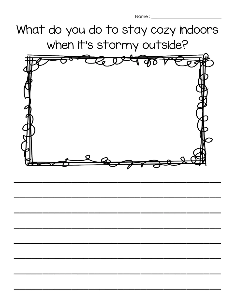 Storm writing prompt: students draw and write about what they do to stay cozy indoors when it's stormy outside