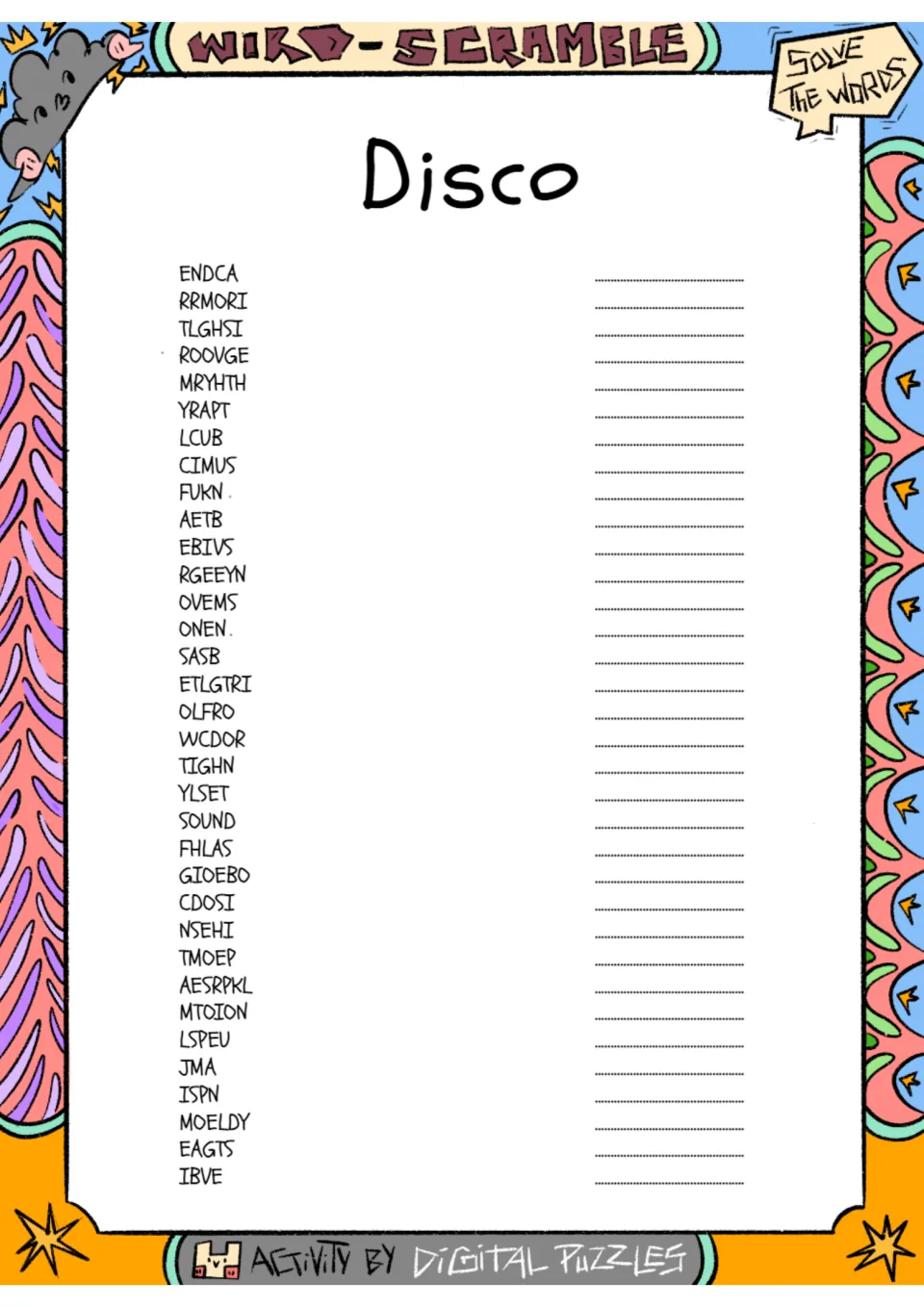 Disco word scramble: students unscramble 34 party-themed words such as ENDCA and RRMORI, writing each answer on a line