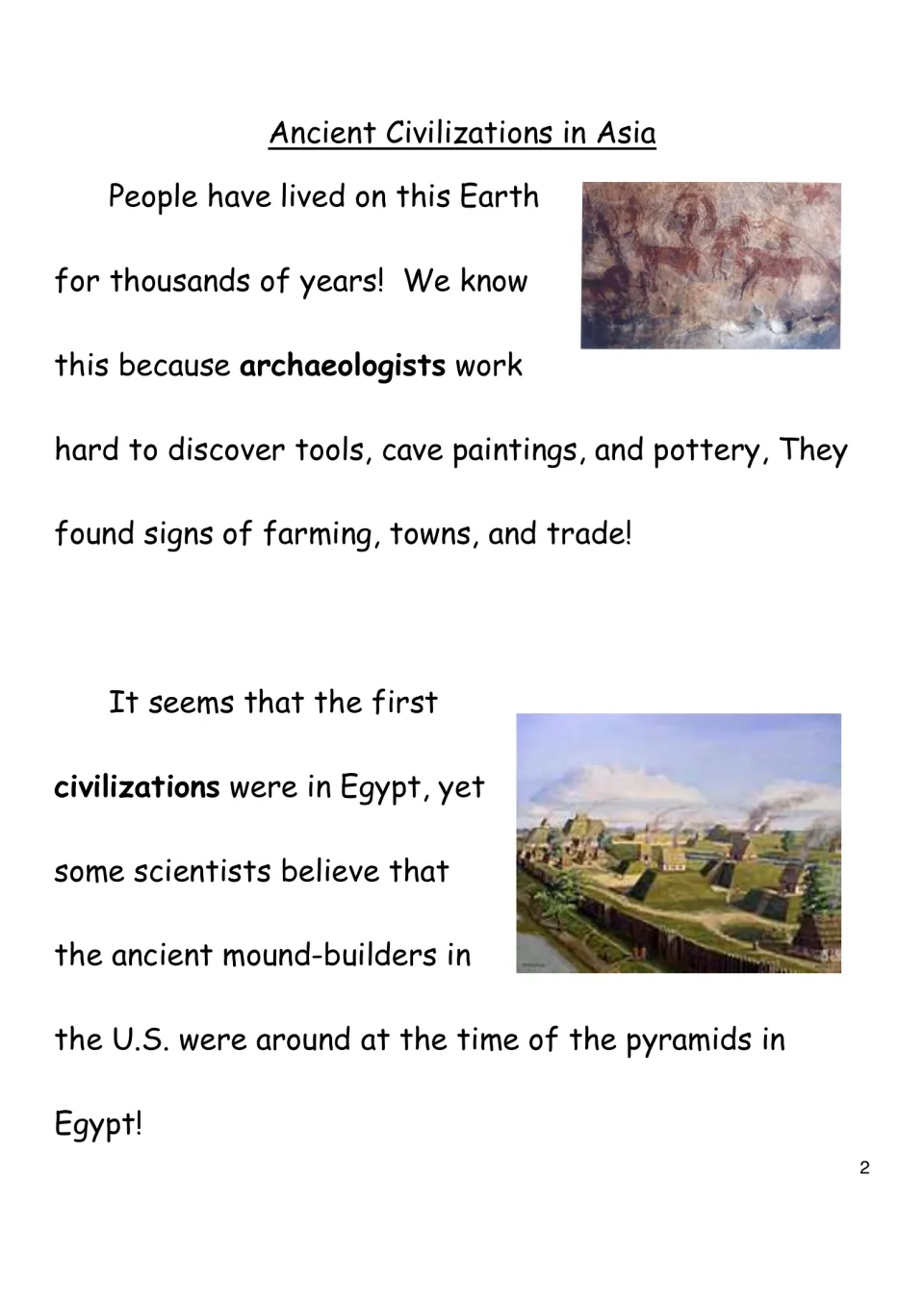 Reading page 2 introduces ancient civilizations through archaeology, early farming, and mound-builders.