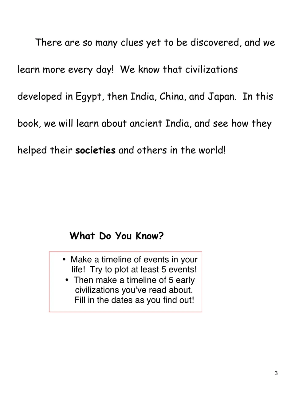Reading page 3 introduces the study of ancient India and asks readers to make two five-event timelines.