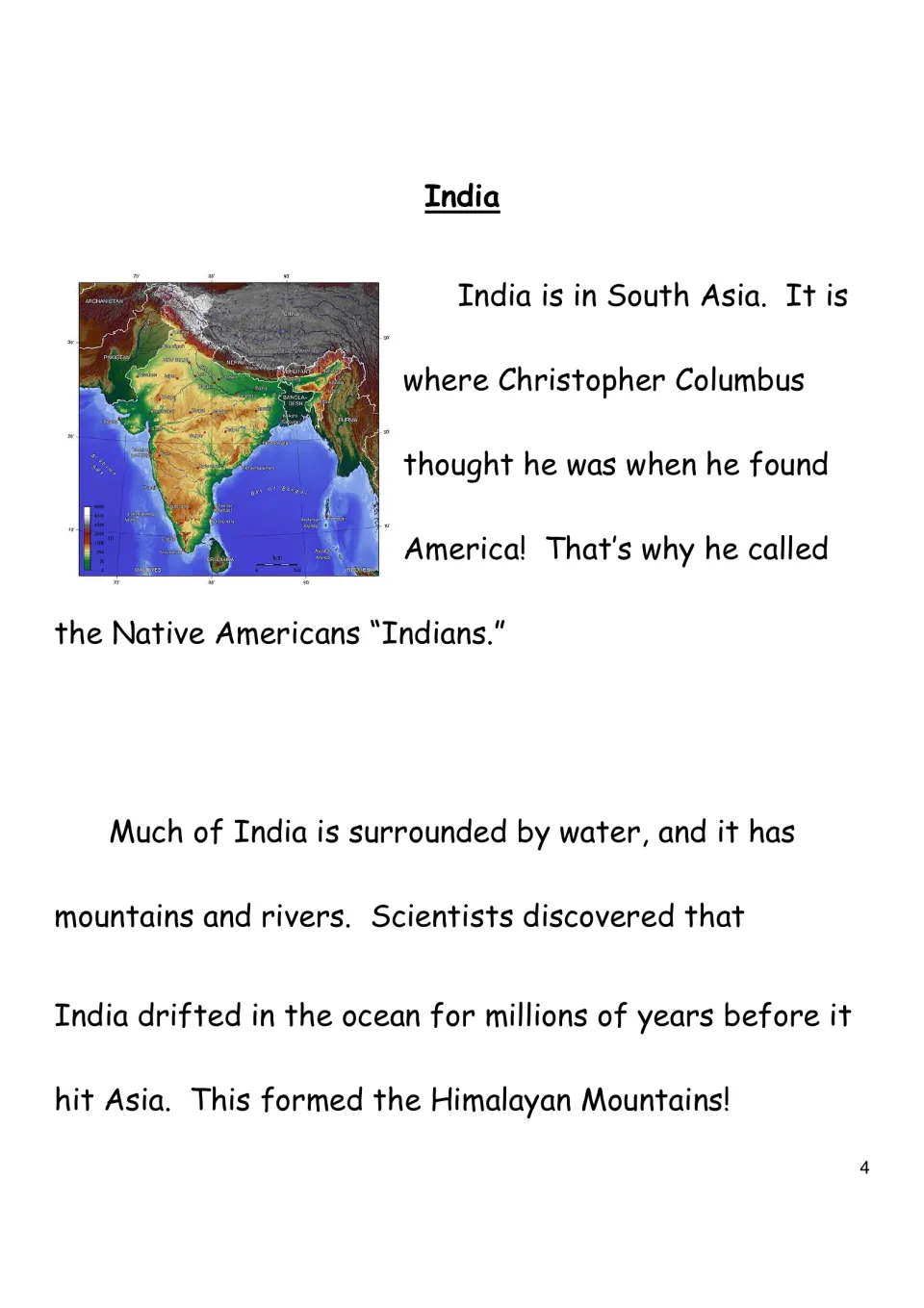 Reading page 4 locates India in South Asia and explains how its collision with Asia formed the Himalayas.