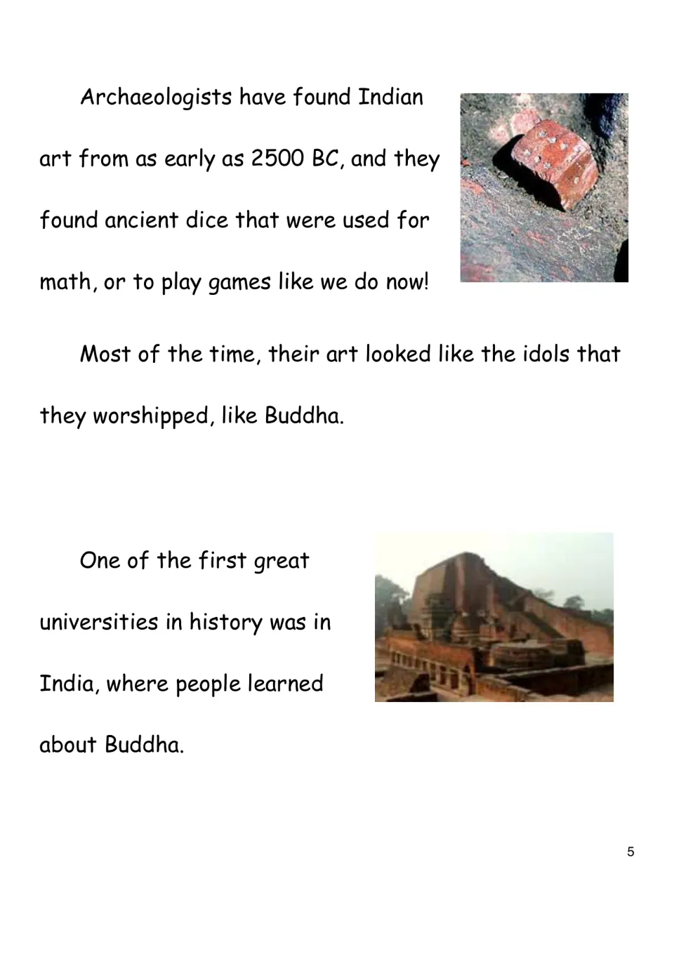 Reading page 5 discusses Indian art from 2500 BC, ancient dice, Buddha, and an early university in India.
