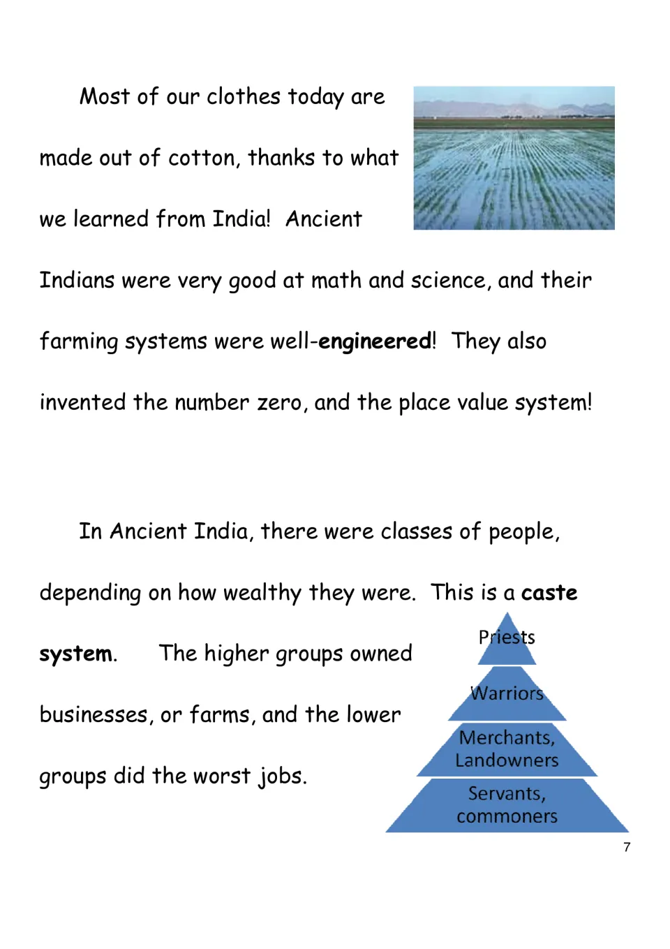 Reading page 7 covers cotton, farming, zero, place value, and a caste diagram from priests to servants.