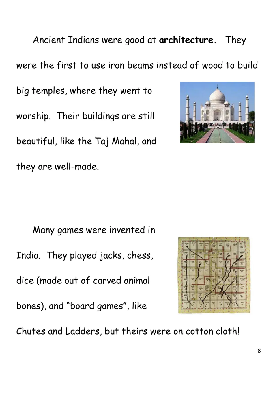 Reading page 8 discusses Indian architecture and the Taj Mahal, plus chess, dice, and cloth board games.