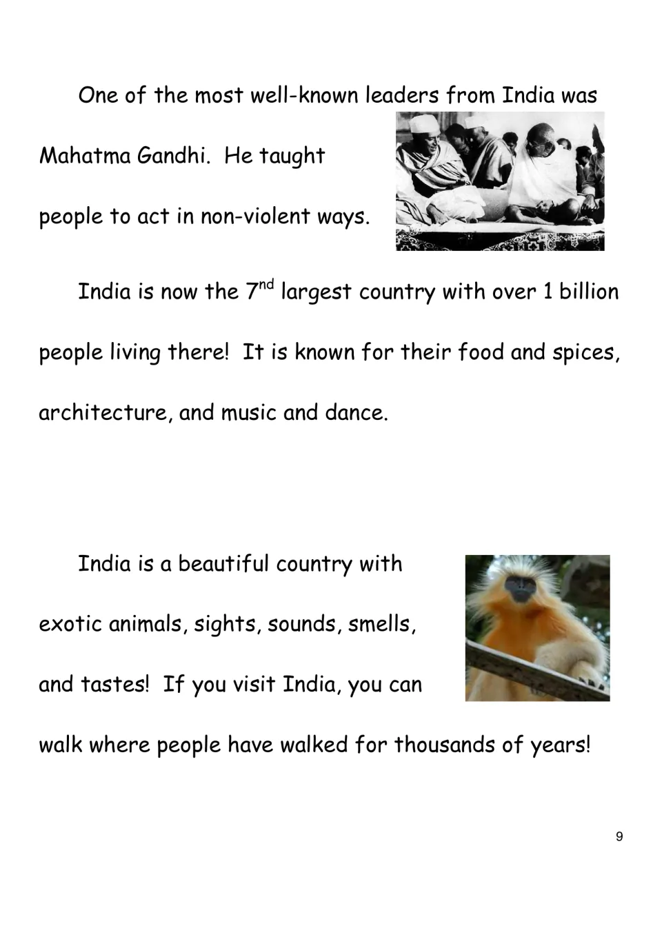 Reading page 9 introduces Mahatma Gandhi's teaching of nonviolence and describes India's culture and animals.