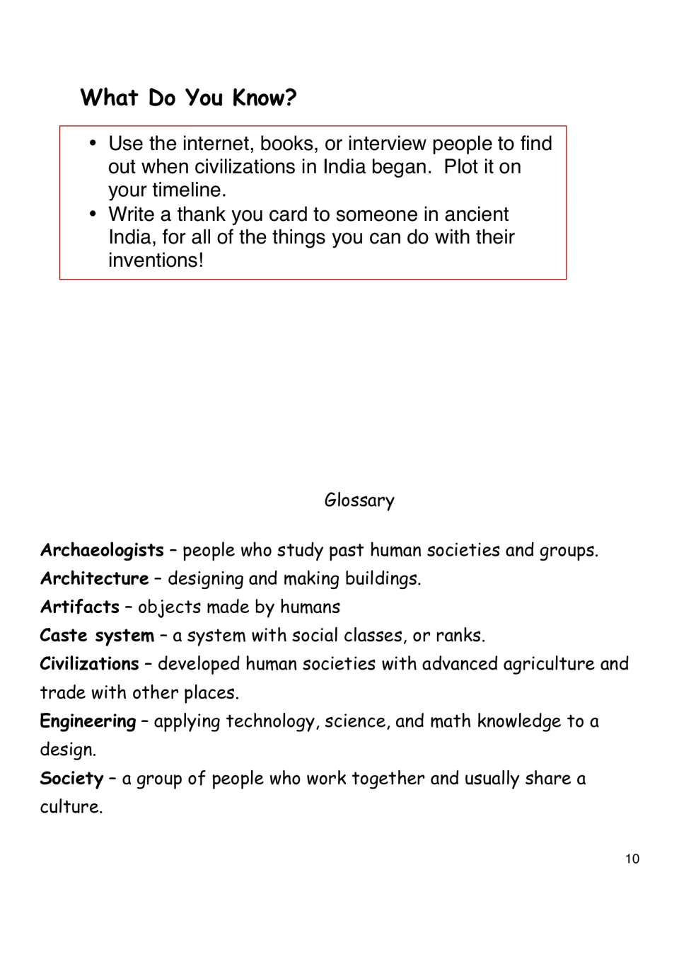 Activity and glossary page 10 asks for timeline research and a thank-you card about ancient Indian inventions.