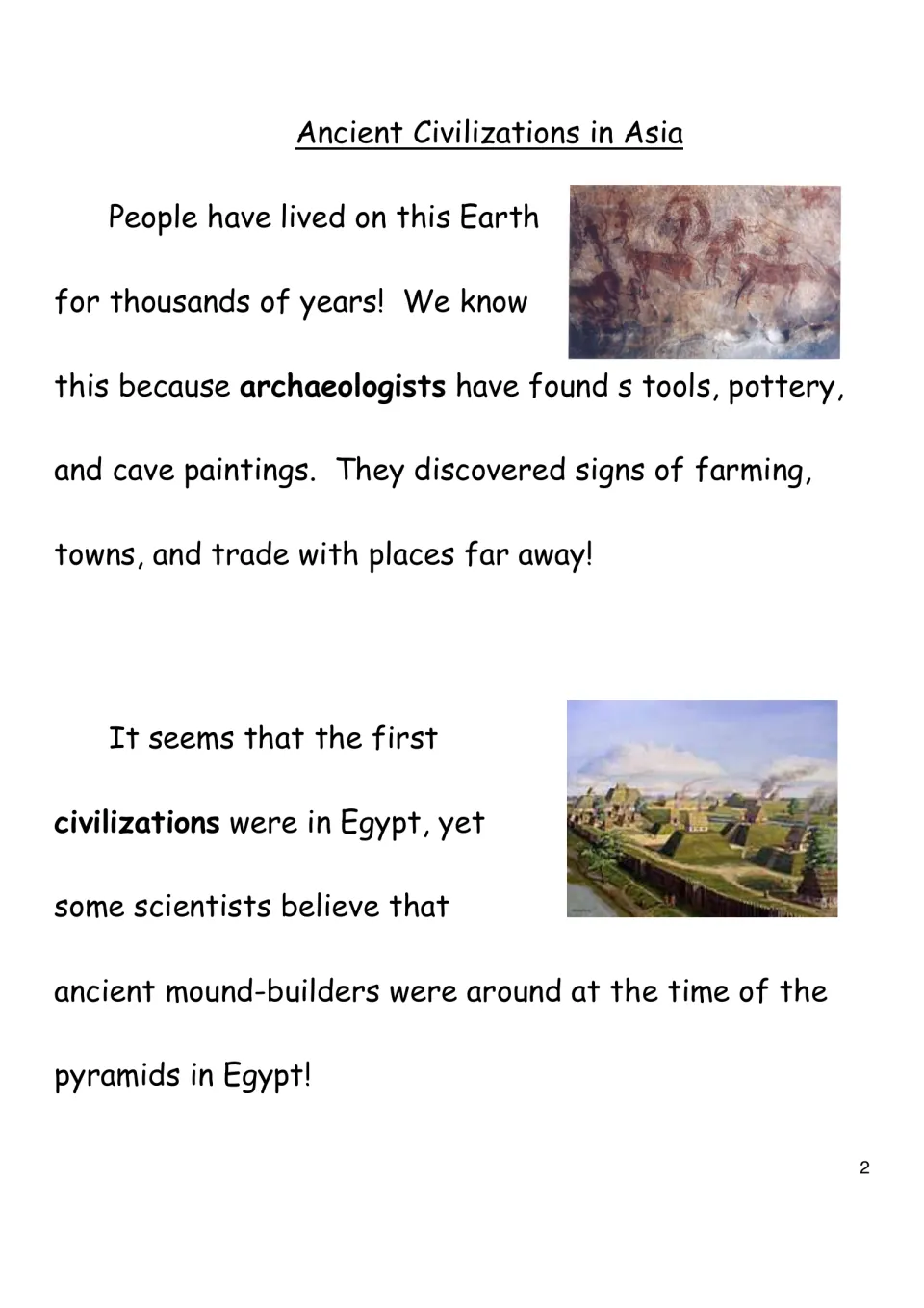 Ancient Civilizations in Asia: reading on how archaeologists learn from tools and cave paintings, with a mound-town scene