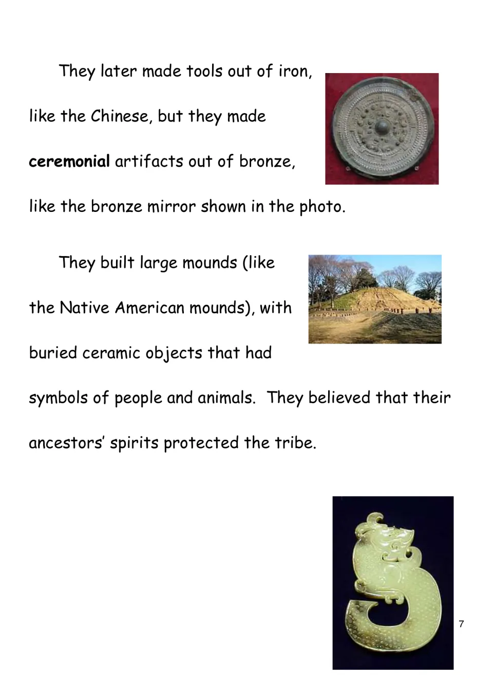 Iron tools, a ceremonial bronze mirror and big mounds with buried ceramics, with photos of the mirror and a grassy mound