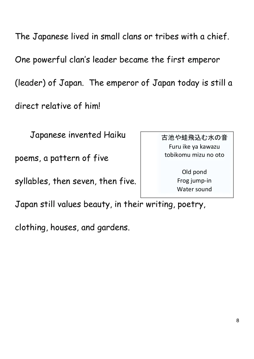 Clans, the first emperor and haiku: a 5-7-5 syllable pattern shown with the 'Old pond, Frog jump-in, Water sound' poem