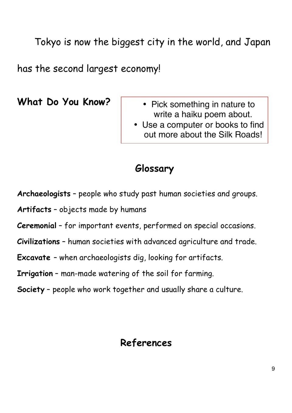 Haiku-writing and Silk Roads research prompts, then a glossary defining archaeologists, artifacts, irrigation and more