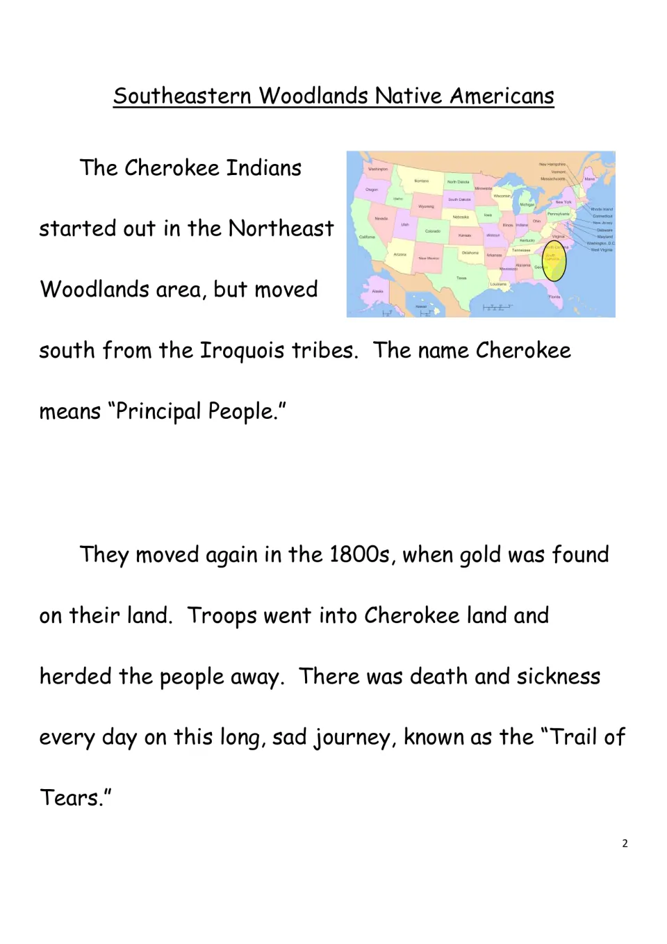 Cherokee history reading page on woodland homelands, forced removal, and the Trail of Tears, with a map
