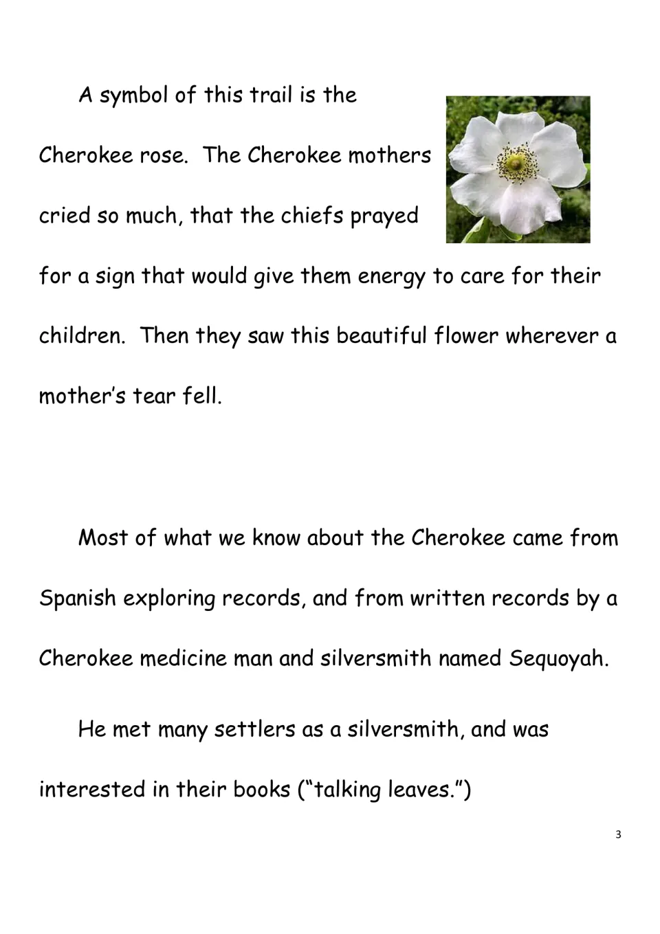 Cherokee history reading page recounting the Cherokee rose story and introducing Sequoyah and his trade