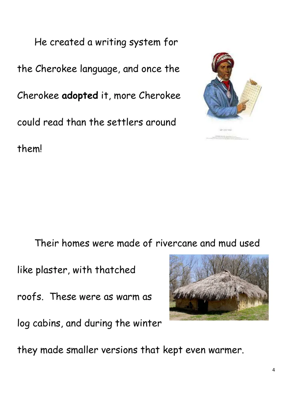 Cherokee culture reading page about Sequoyah's writing system and rivercane homes with thatched roofs