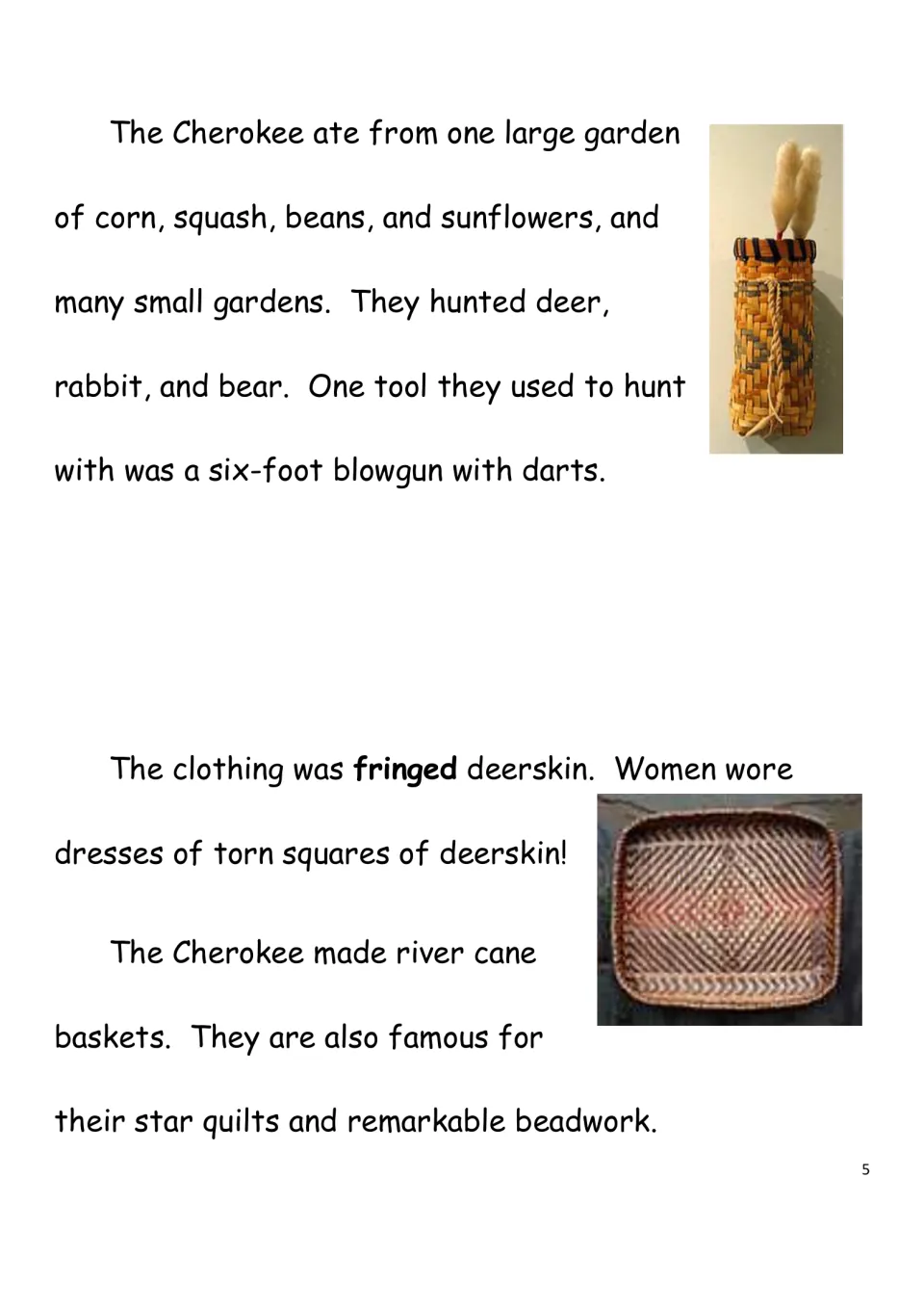 Cherokee culture reading page covering garden crops, hunting, deerskin clothing, baskets, and beadwork