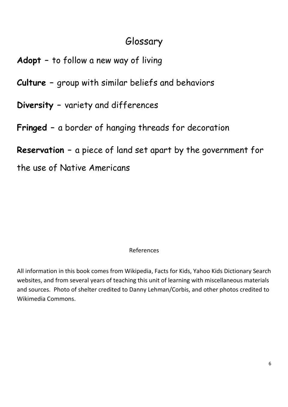 Cherokee eBook glossary defining adopt, culture, diversity, fringed, and reservation, with references