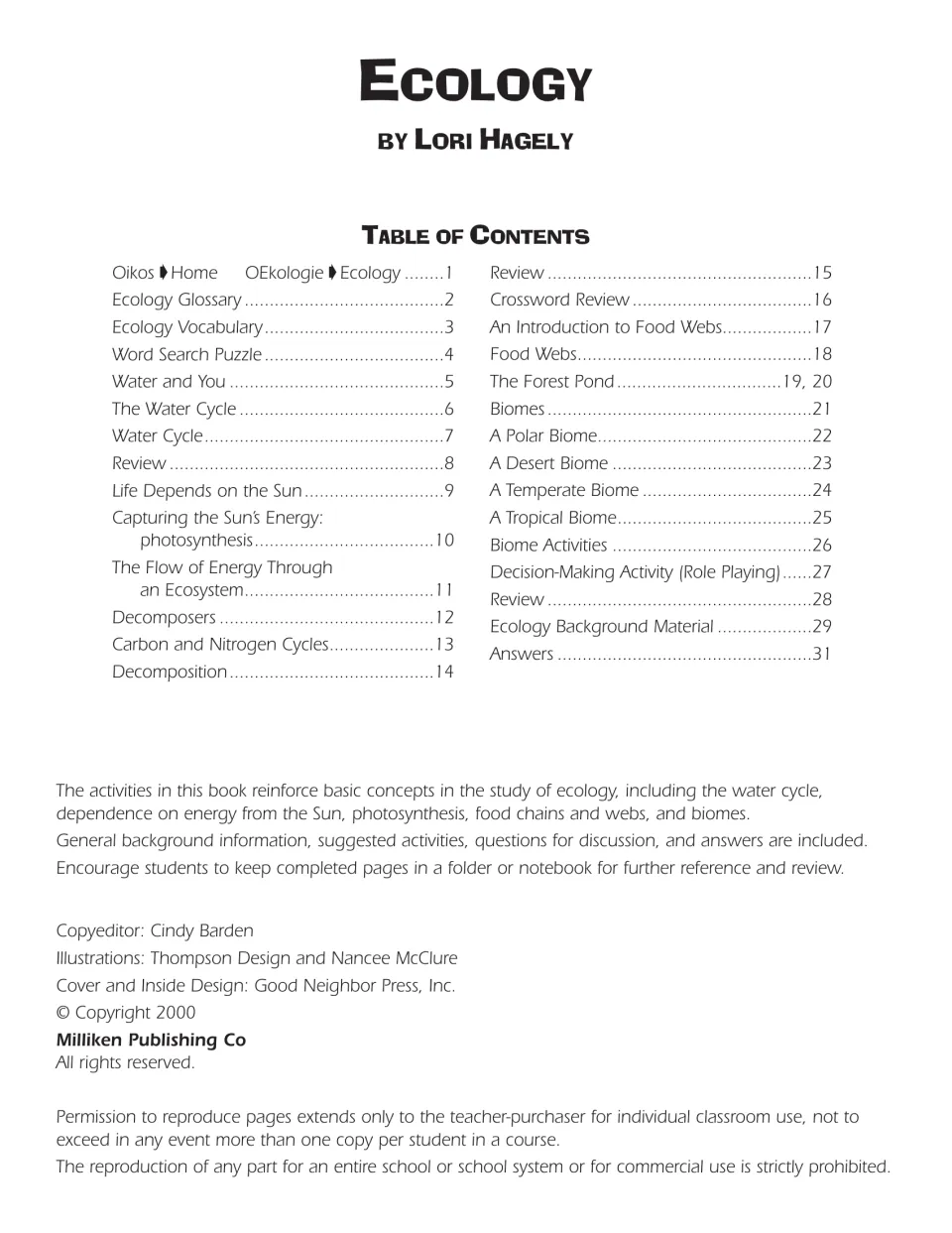 Table of contents by Lori Hagely, from the Ecology Glossary and Water Cycle to Food Webs, Biomes and Answers