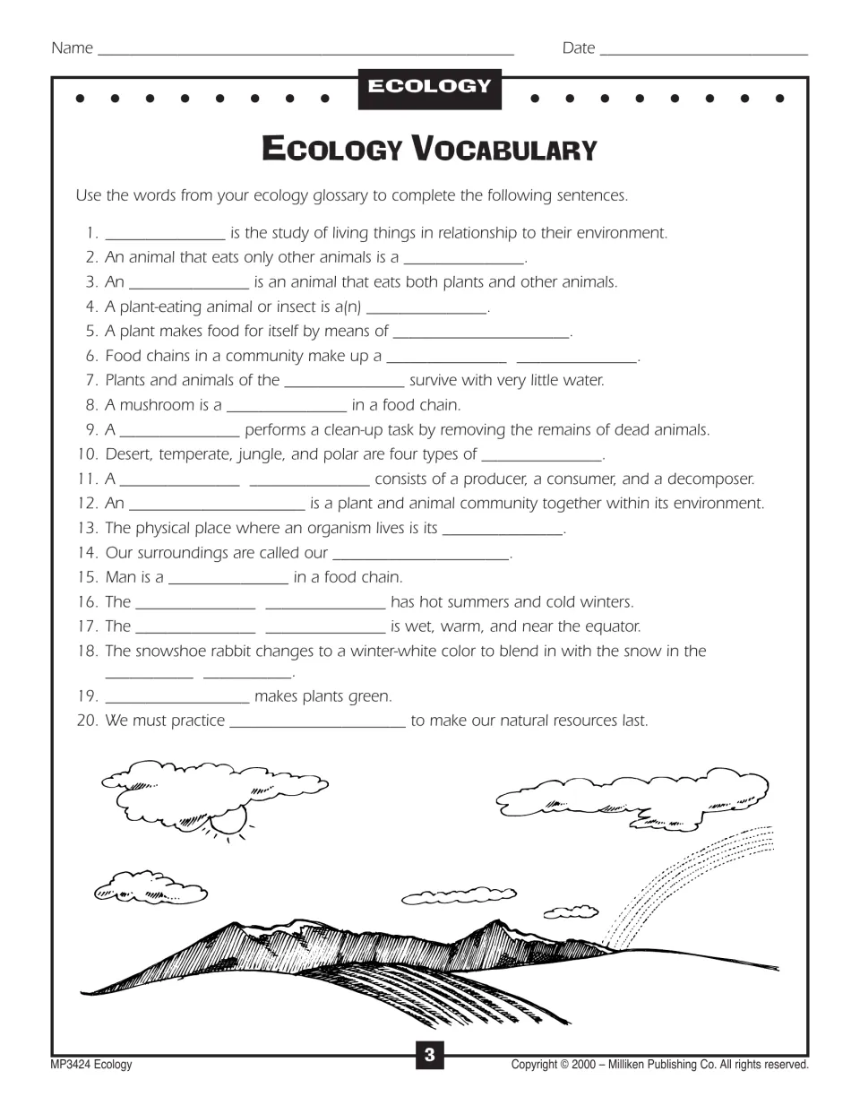 Ecology Vocabulary: 20 fill-in sentences using glossary words, such as 'A mushroom is a ___ in a food chain'