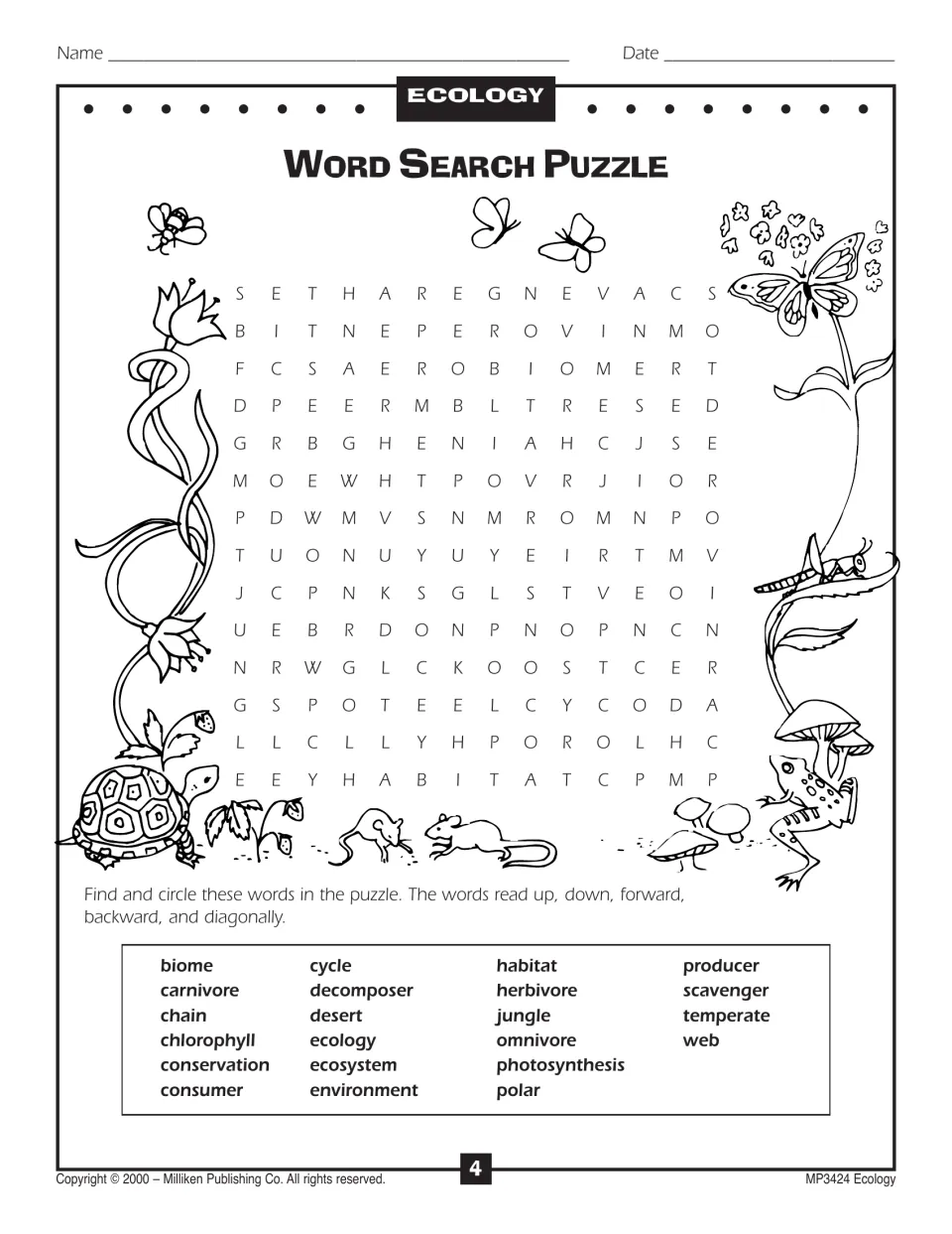Word search puzzle of 22 ecology words, including biome, chlorophyll, habitat, omnivore and scavenger