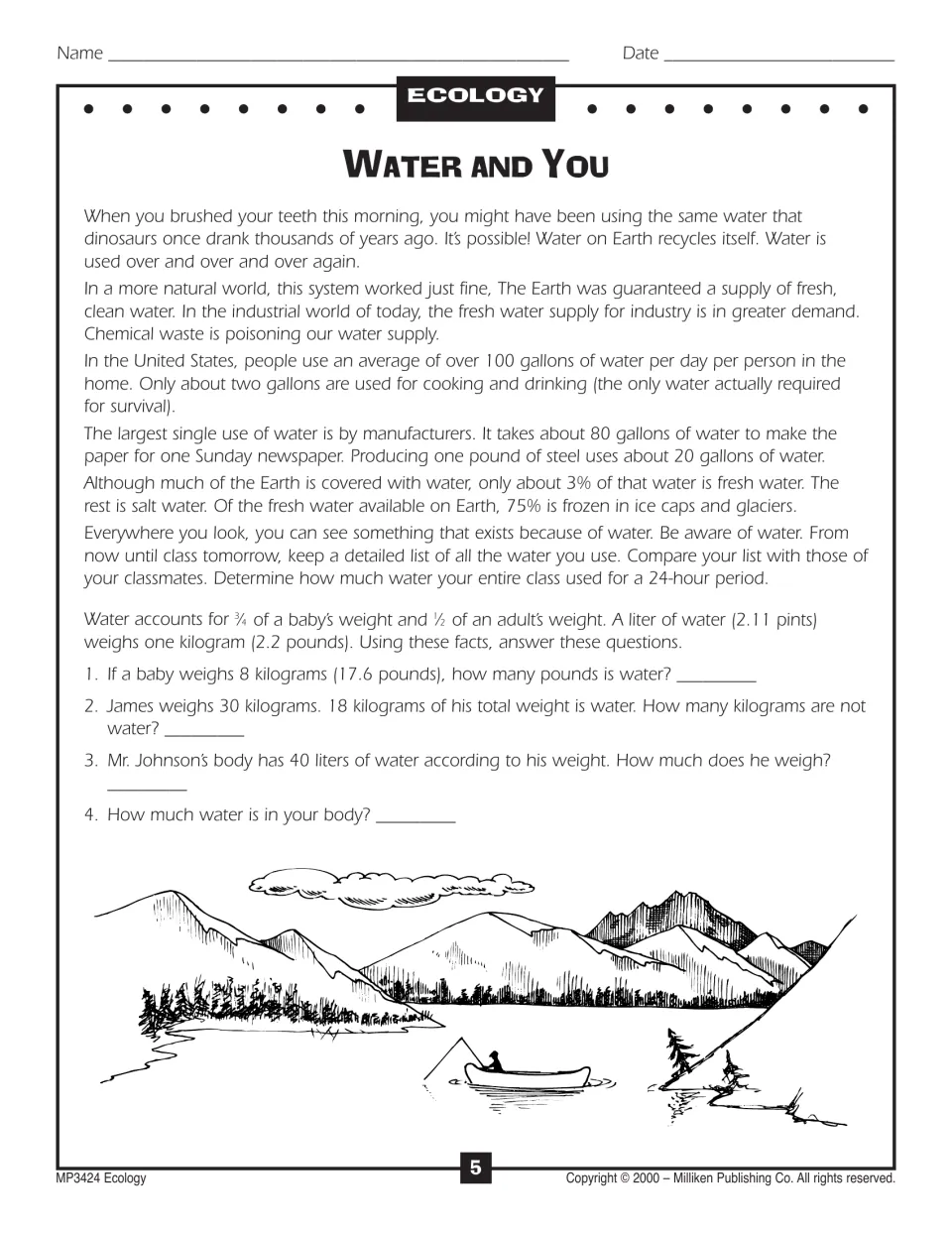 Water and You reading on water use and fresh water, with four math questions on water in body weight